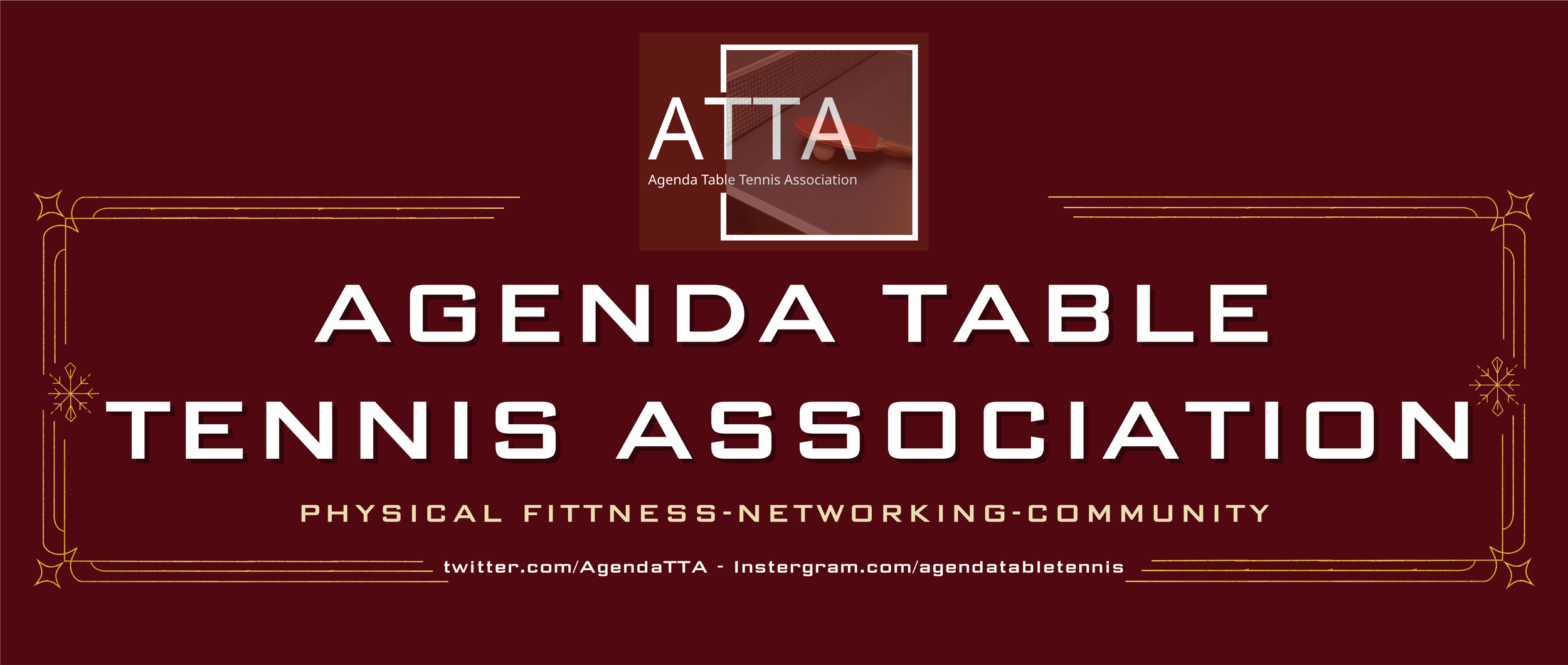 Red promotional banner for the Agenda Table Tennis Association, featuring the association's logo, holiday-themed gold border decorations, and social media handles.