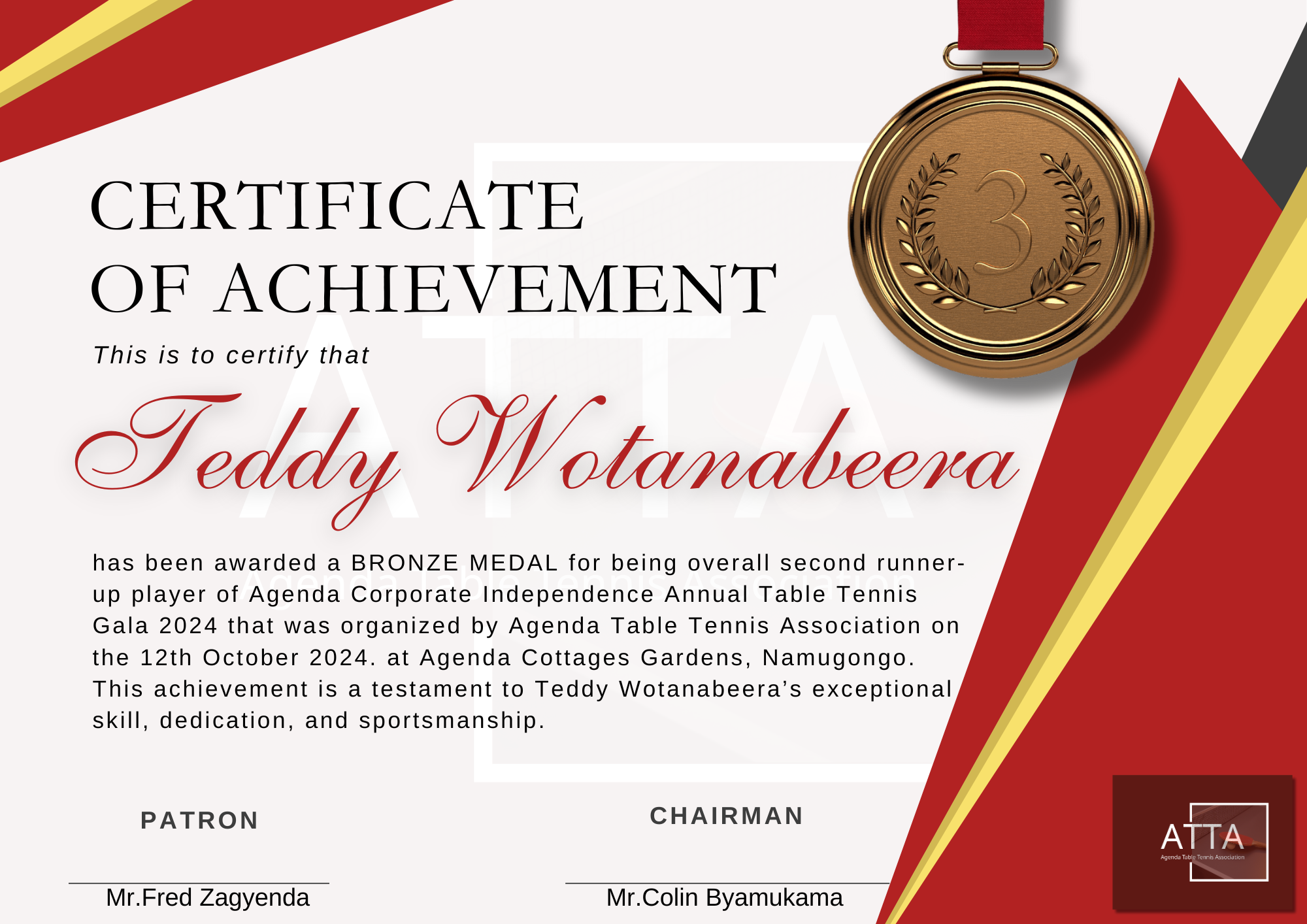 Certificate of achievement awarded to Teddy Wotanabeera, featuring a gold medal with a red ribbon and the number three, indicating third place, for a table tennis tournament organized by the Agenda Table Tennis Association at Agenda Cottages Gardens,