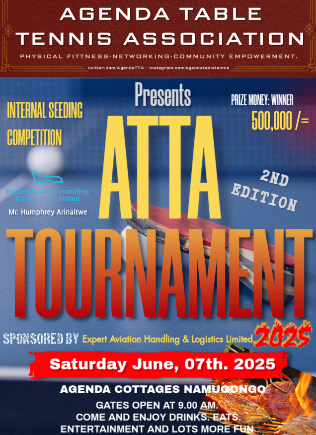 A poster for the 2nd edition of the ATTA Tournament, scheduled for Saturday, June 7th, 2025. The event is sponsored by Expert Aviation Handling & Logistics Limited and will be held at Agenda Cottages in Namugongo. It features an internal seeding comp