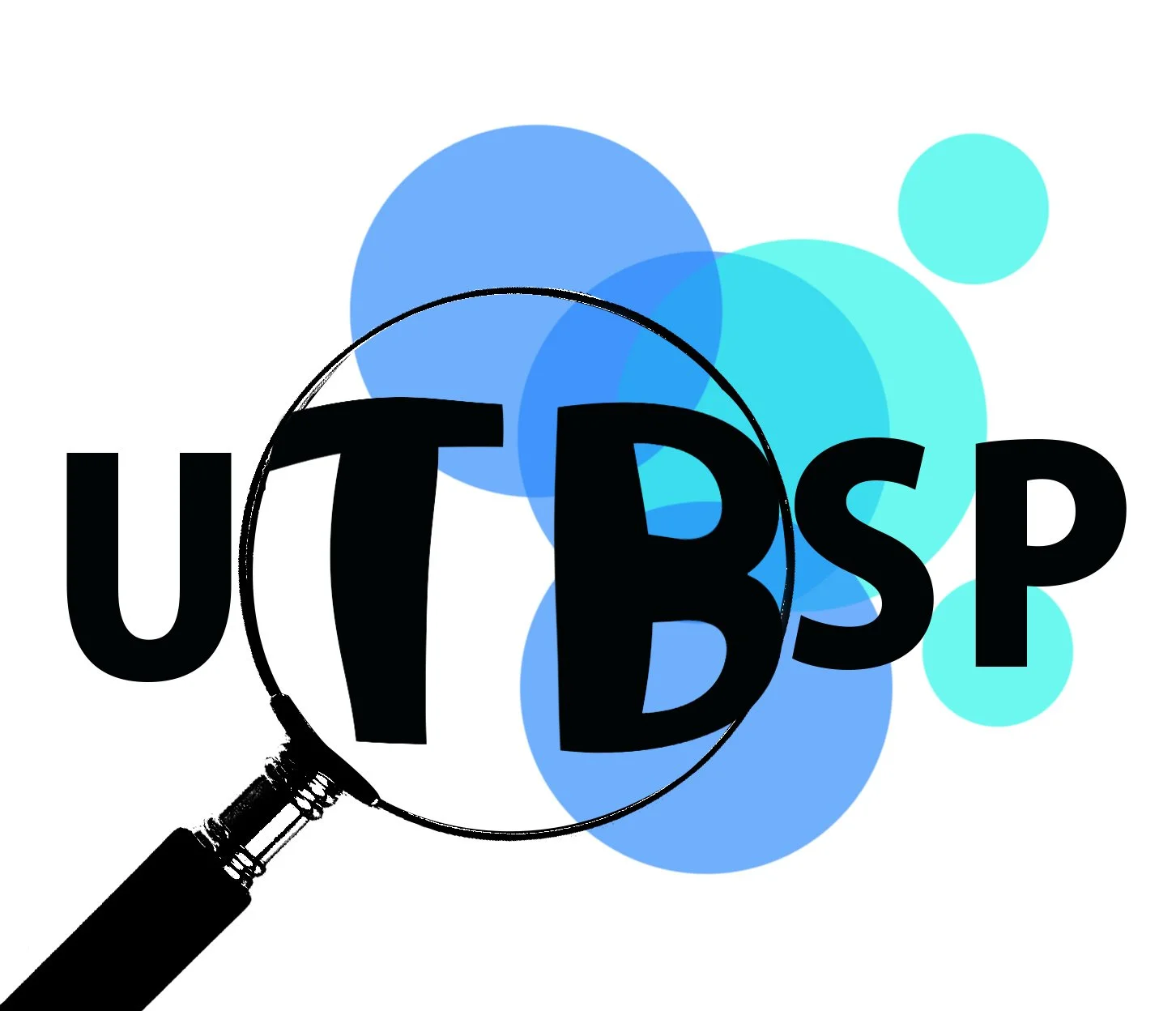 The logo of Ubuntu , with a magnifying glass focusing on the letters 'UT' in black, overlapping with 'BSP' in black, and surrounded by blue and teal bubbles.