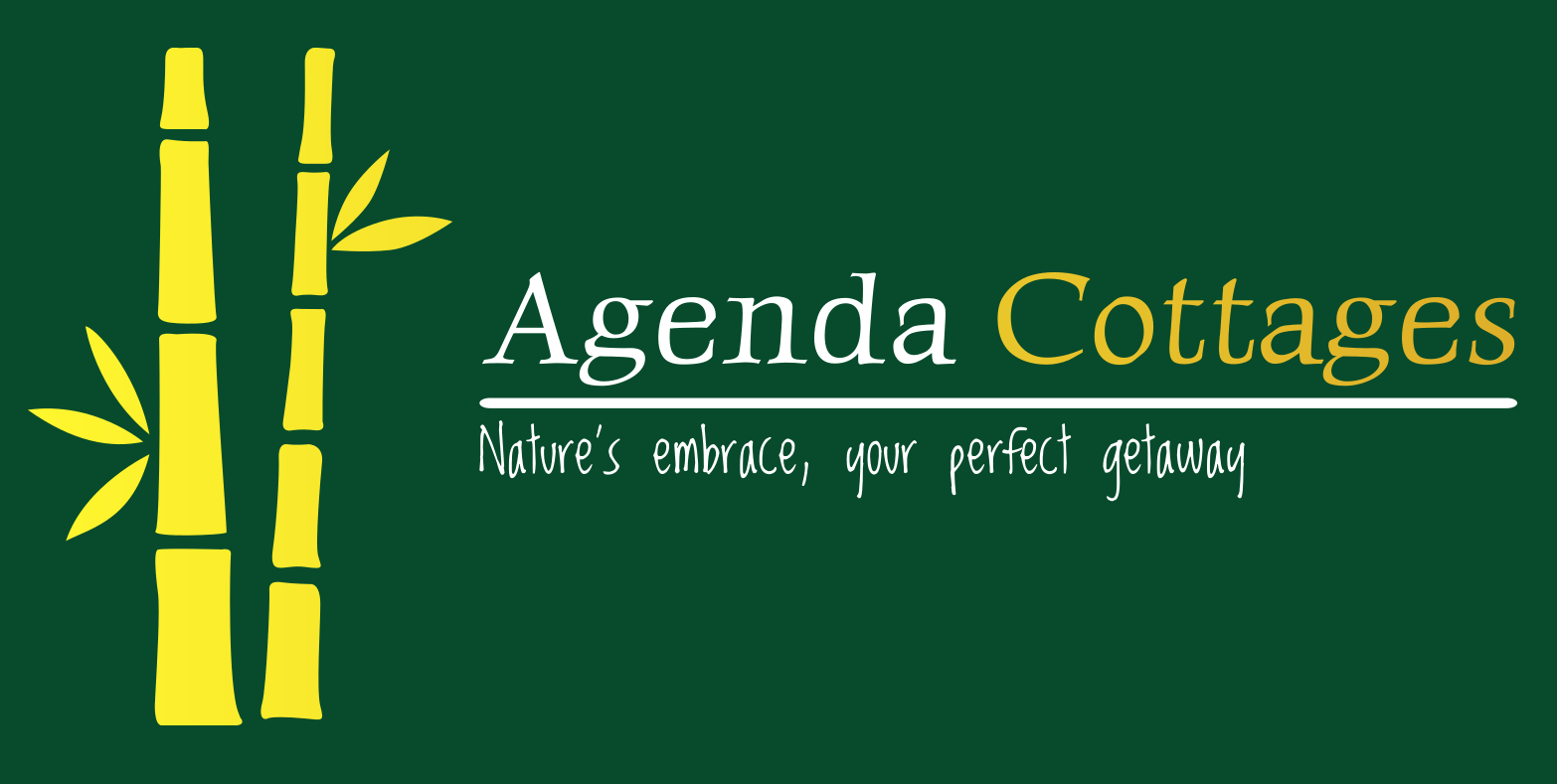 Logo for 'Agenda Cottages' with a green background, yellow bamboo graphic on the left, and white and gold text reading 'Agenda Cottages' and 'Nature's embrace, your perfect getaway'.