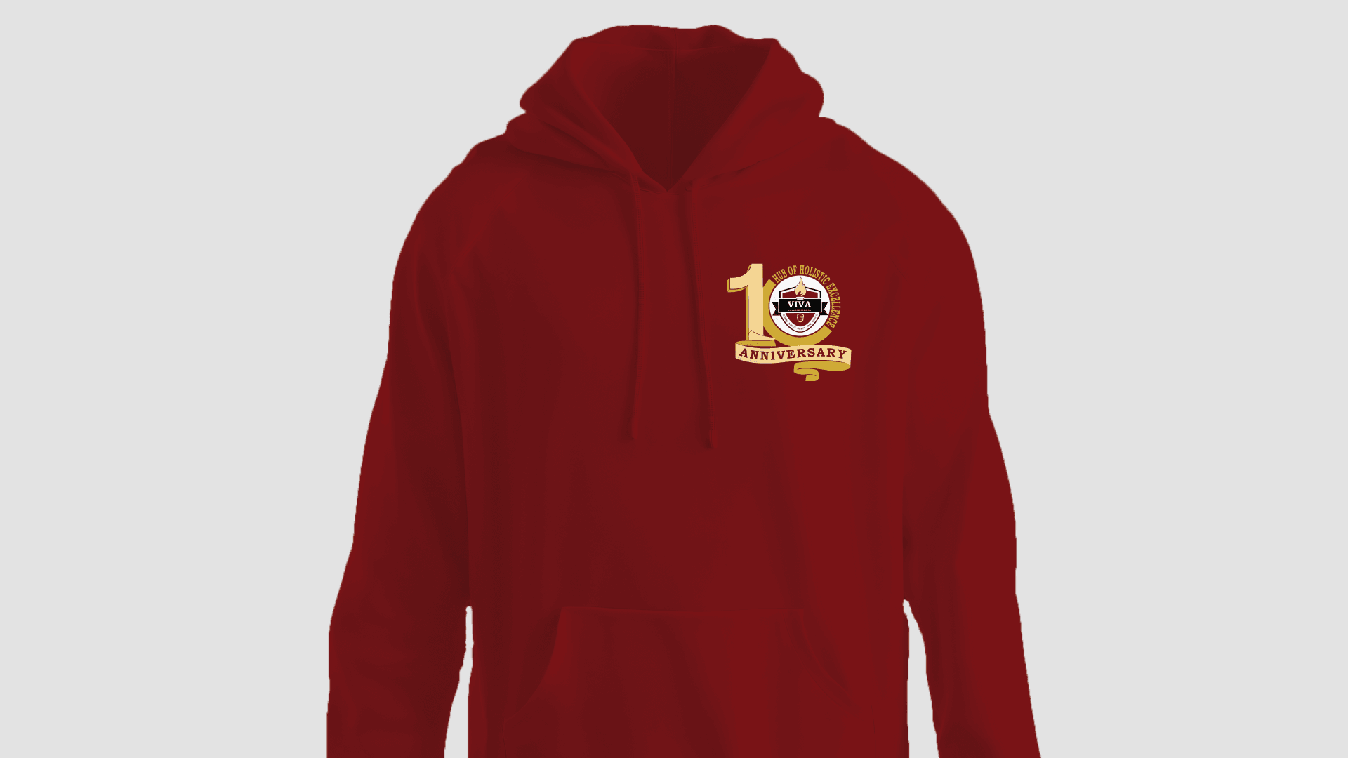 Red hoodie with 10th anniversary logo for VIVA, a group of holistic good health