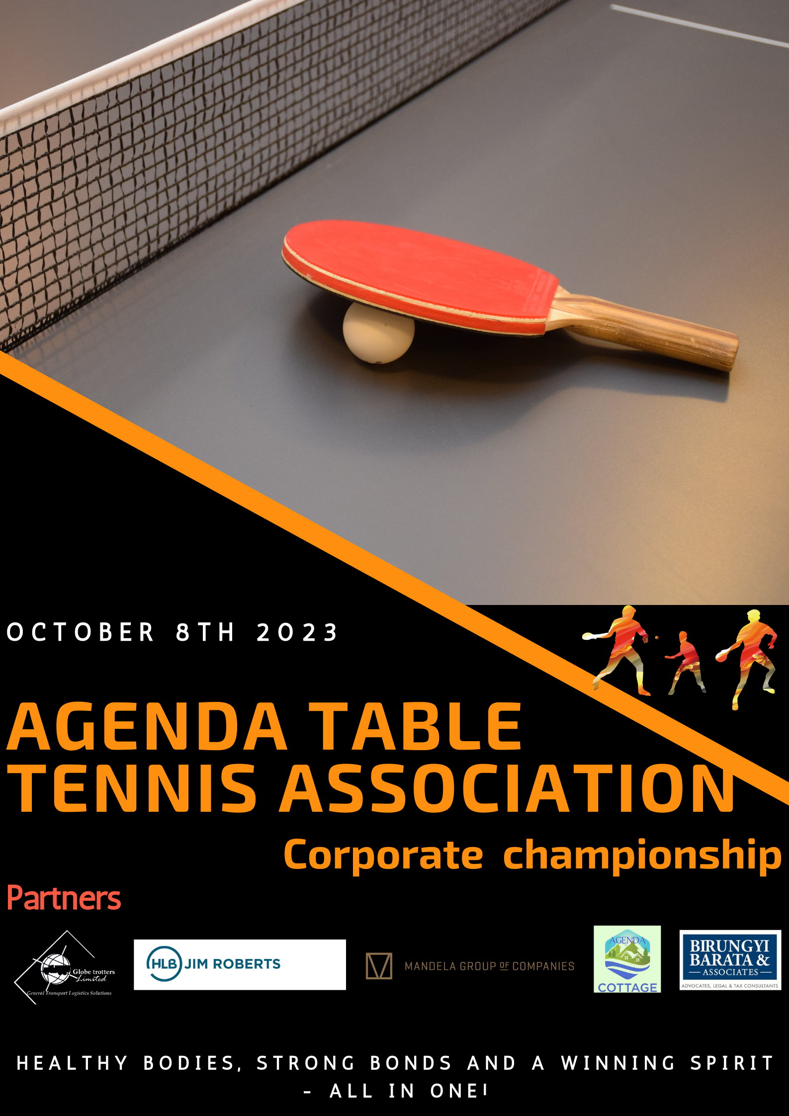 A ping pong paddle with a red surface and wooden handle lies on a blue table tennis table, with a white ping pong ball underneath the paddle.