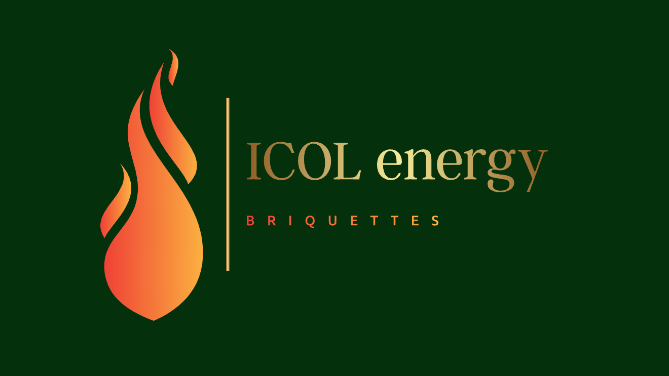 Logo for ICOL energy briquettes featuring a stylized flame in shades of orange and red, with the company name in gold and red text on a dark green background.