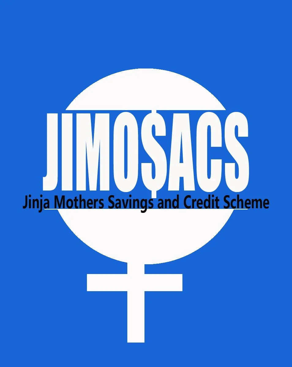 Blue background with a white circle and female gender symbol. Text reads 'JIMOSACS' and 'Jinja Mothers Savings and Credit Scheme'.
