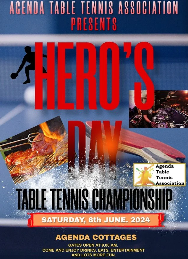 Poster advertising the 'Hero's Day' Table Tennis Championship hosted by the Agenda Table Tennis Association on Saturday, June 8th, 2024. The poster features images of table tennis, food, a DJ, and the event's details.