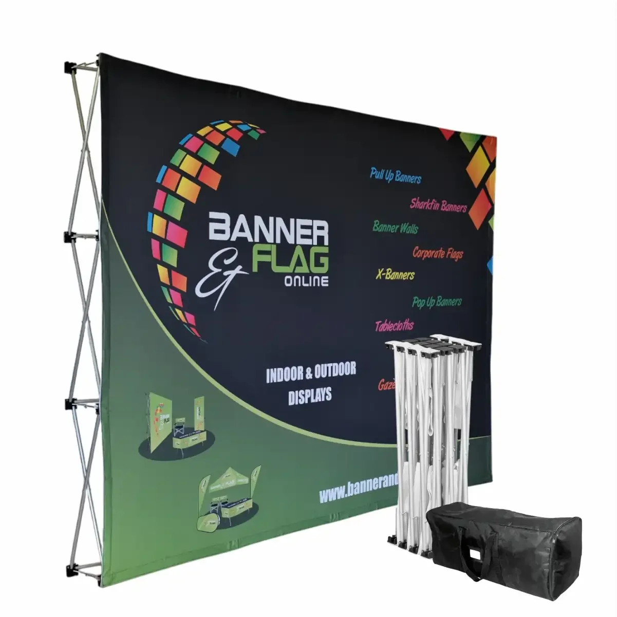 A portable advertising display banner with a colorful design, showing various types of banners and displays listed, including pull-up banners and tablecloths. The setup includes a black carry bag and a folded white display frame.