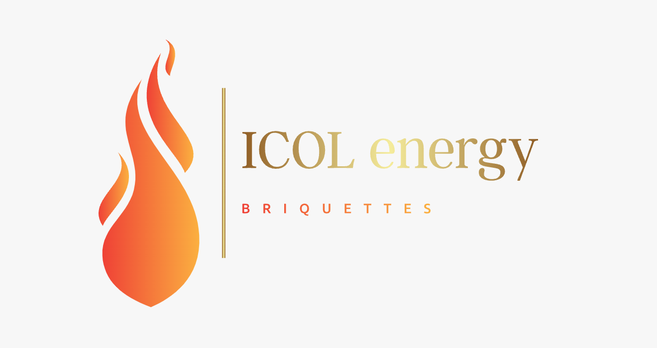 Logo with stylized orange flame on left, and text reading 'ICOL energy BRiquettes' on right, set against a light background.