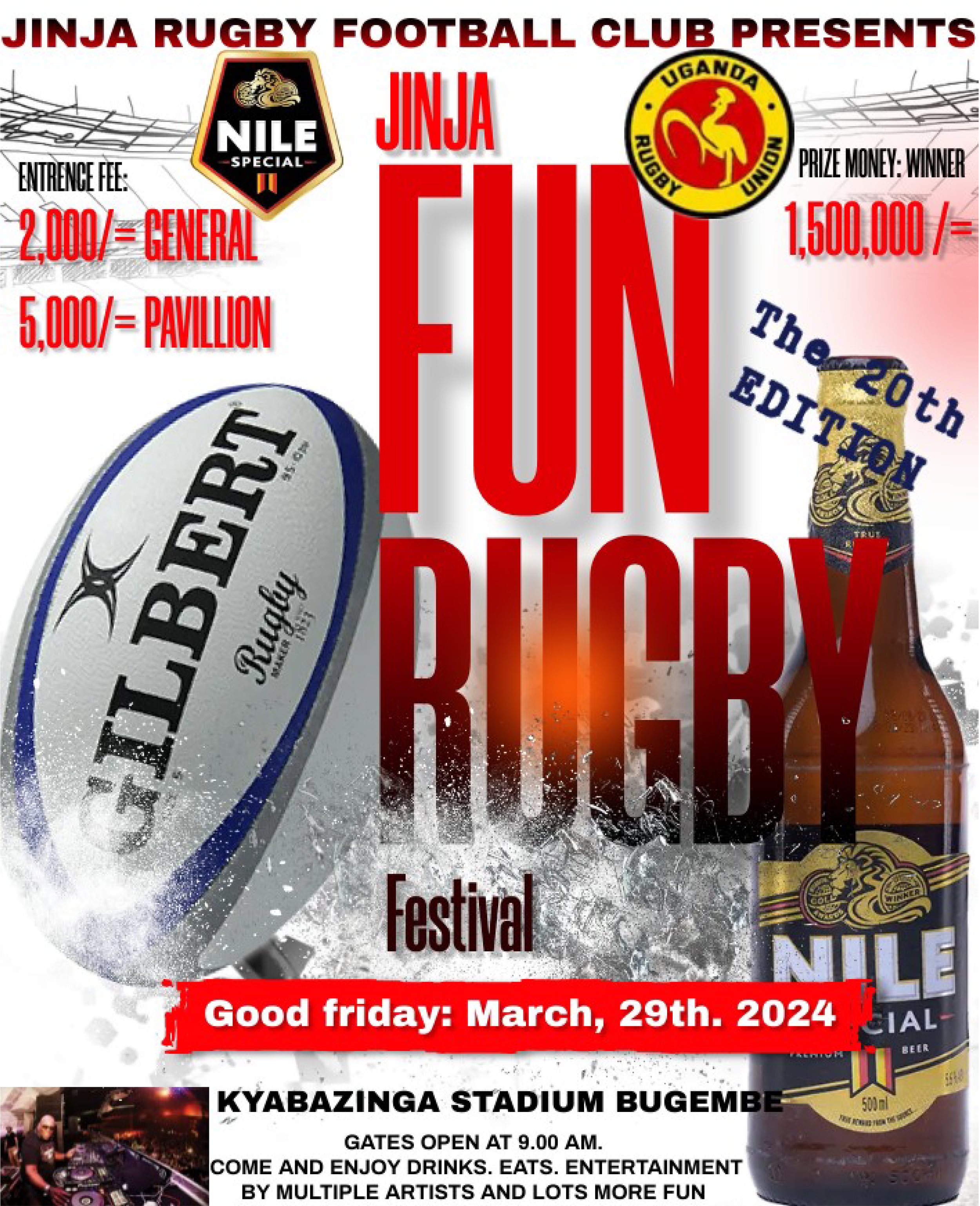 Event poster for the Jinja Rugby Football Club Festival featuring Nile Special beer. The poster highlights the 20th edition happening on March 29, 2024, at Kyabazinga Stadium Bugembe, with gates opening at 9 a.m. It mentions entrance fees of 2,000 Ug