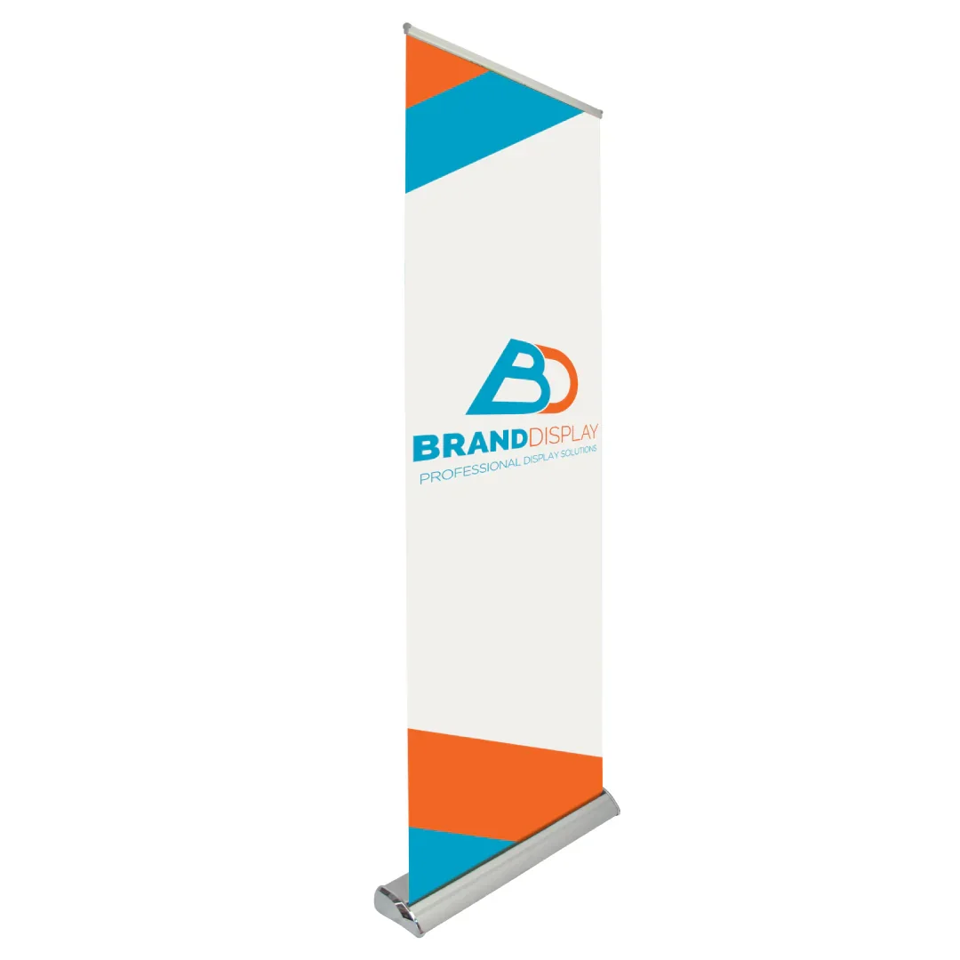 Vertical promotional banner with a logo and text, featuring blue and orange geometric accents, advertising professional display solutions.