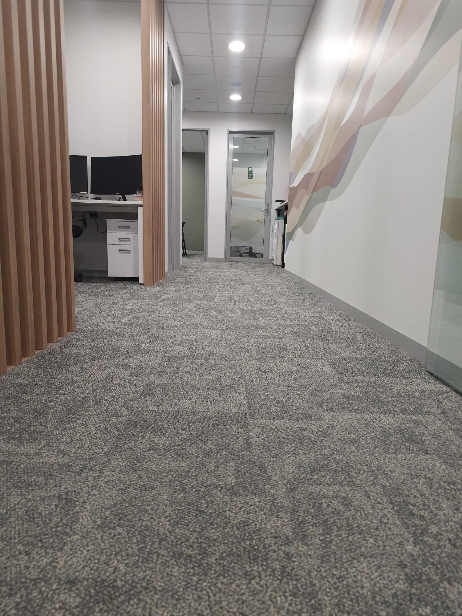 Empty office corridor with carpeted floor, white walls, wooden wall accents on the left, and a colorful mural on the right. Office spaces with glass doors are visible at the end.