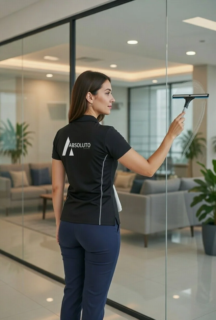 A woman cleaning glass window with a squeegee in an office setting.