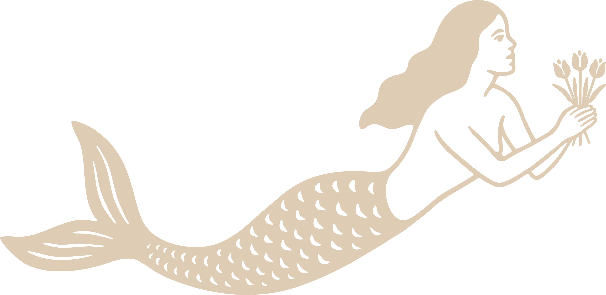 A graphic illustration of a mermaid with long flowing hair, holding a bouquet of flowers, with a fish tail.