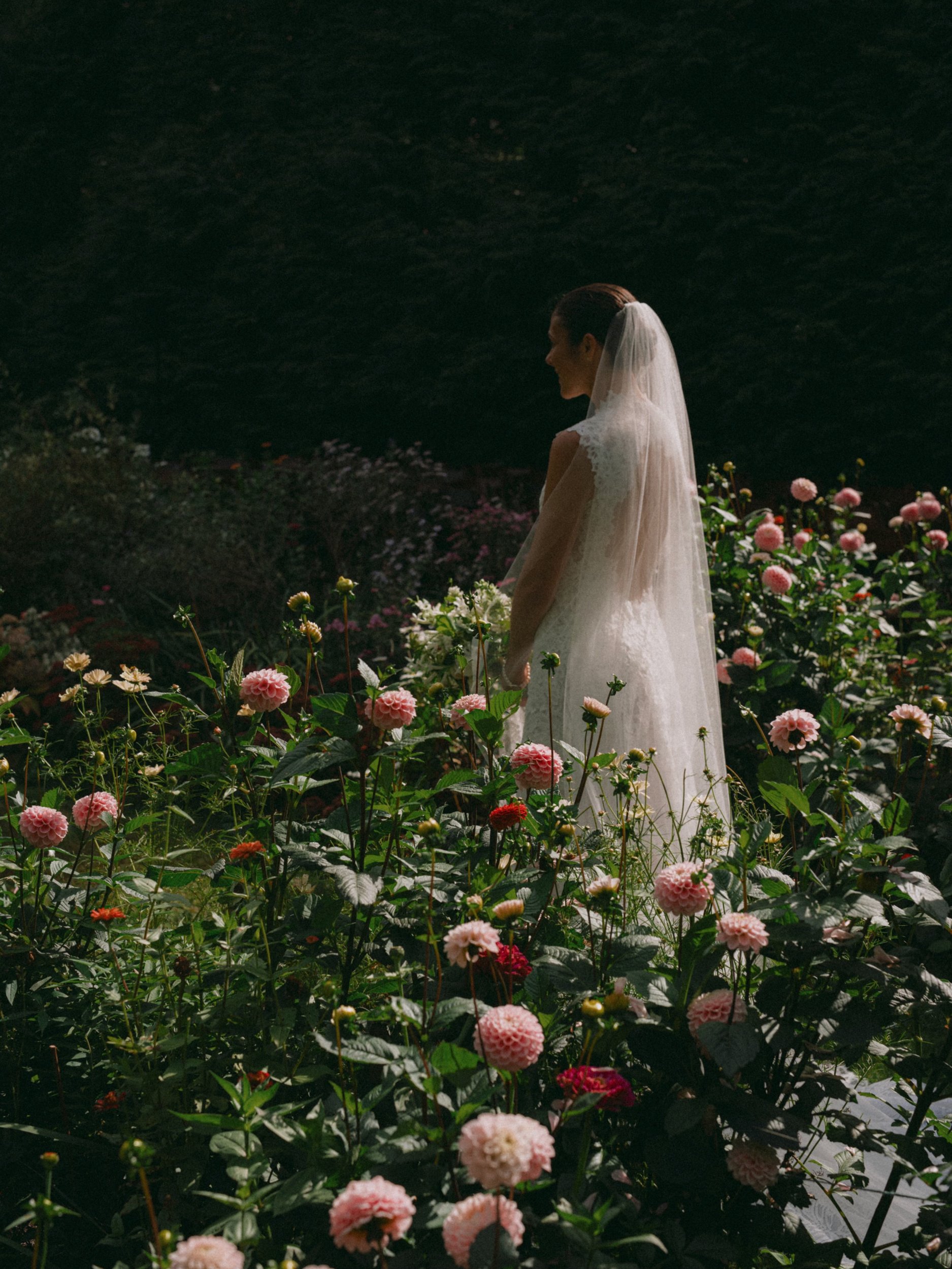 A woman in a wedding dress and veil standing in a field of pink and white flowers at night, with a dark background.