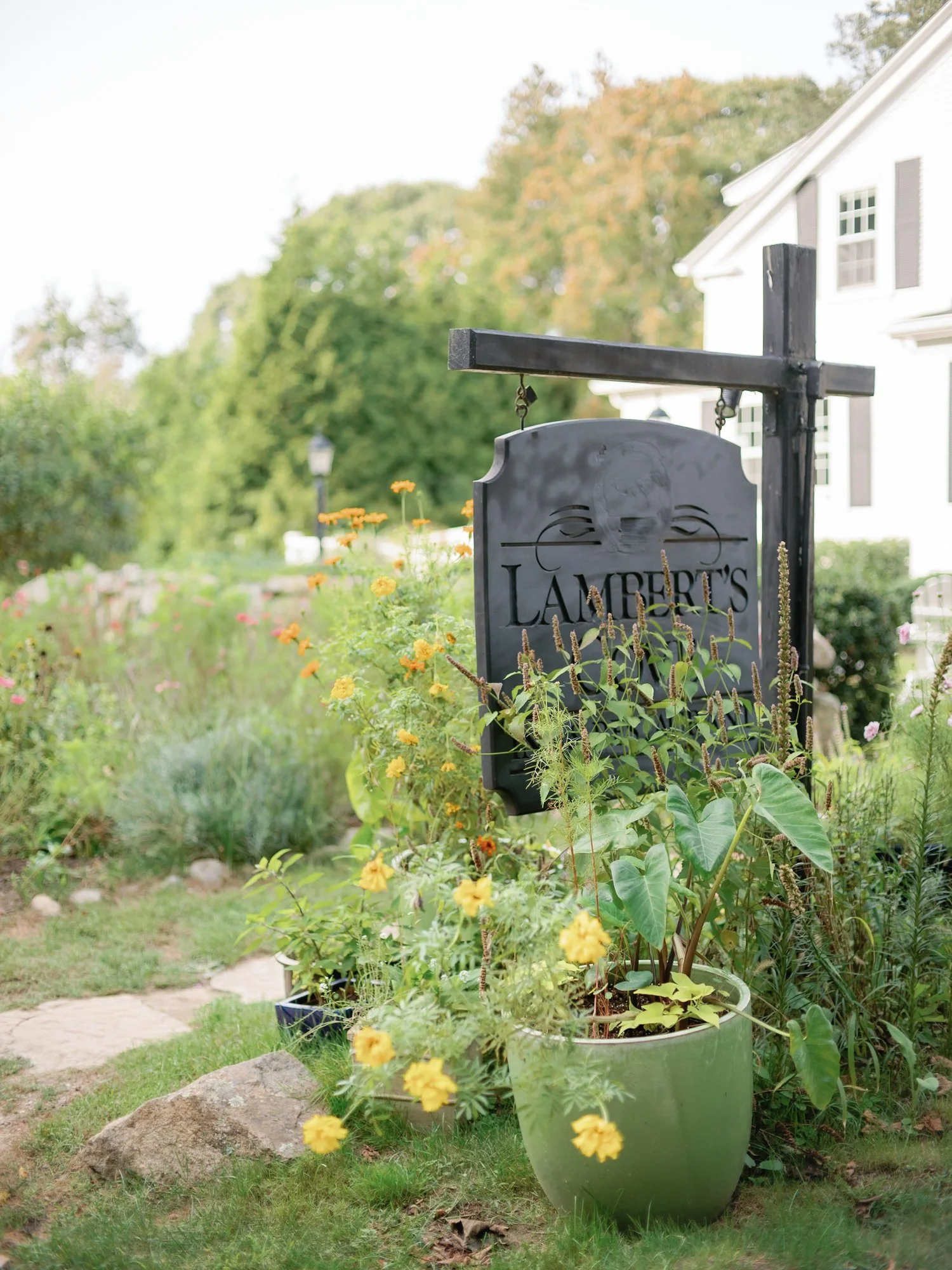 The front entrance to Lambert's Cove Inn on Martha's Vineyard with potted plants and flowers, a sign that reads 'Lambert's Cove Inn,' a large house in the background, and greenery and trees around.