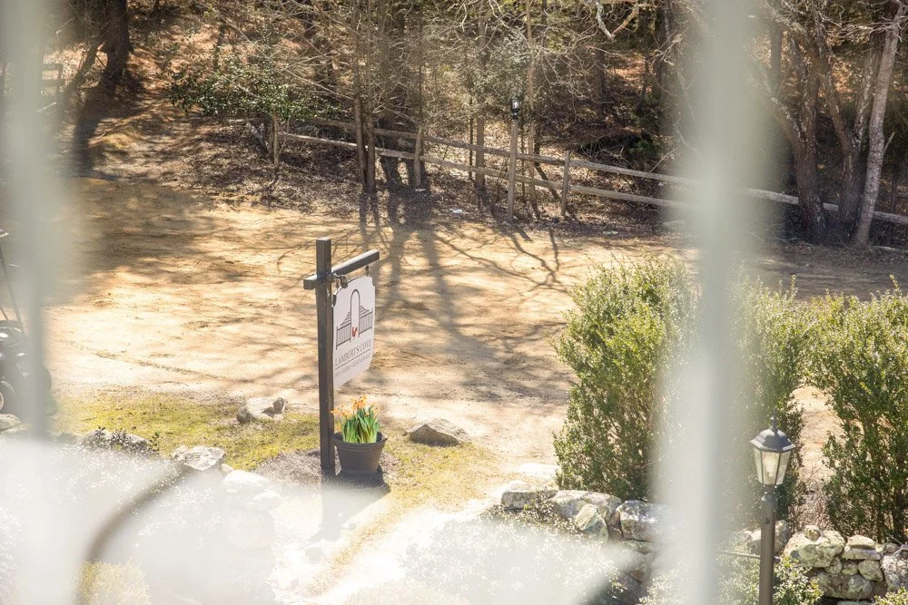 A view through a window at Lambert's Cove Inn on Martha's Vineyard, a resort, wedding venue, and restaurant, with bars showing an outdoor area with trees, bushes, the inn's sign, and a pot with tulips. 