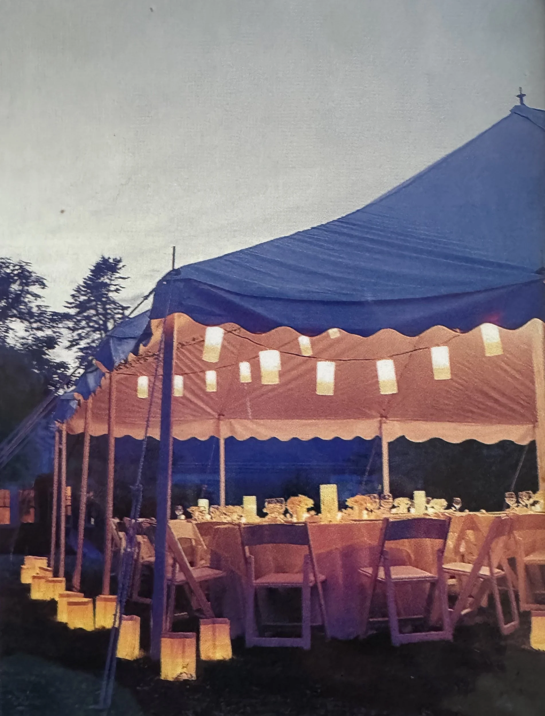 A market stall with a blue canopy and a red striped awning, displaying various baked goods on a table, with chairs around it and trees in the background.