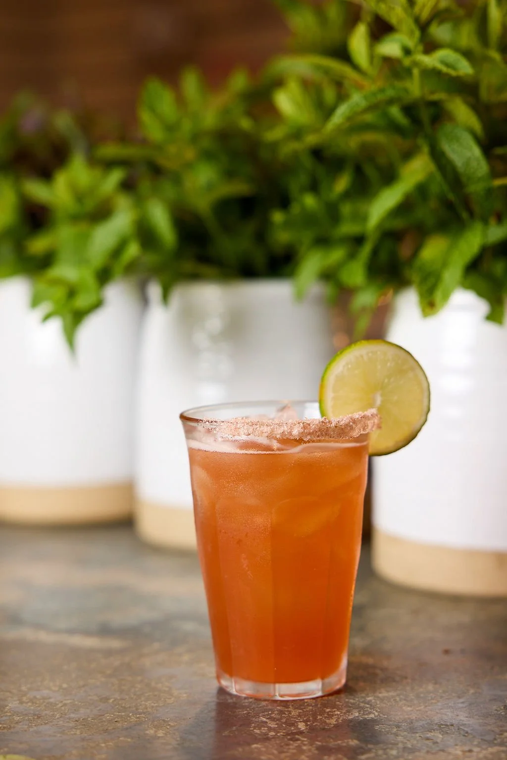 A refreshing pink cocktail garnished with a slice of lime and a salted rim, placed on a rustic wooden surface, with green foliage in the background at Mermaid Bar at Lambert's Cove Inn on Martha's Vineyard.