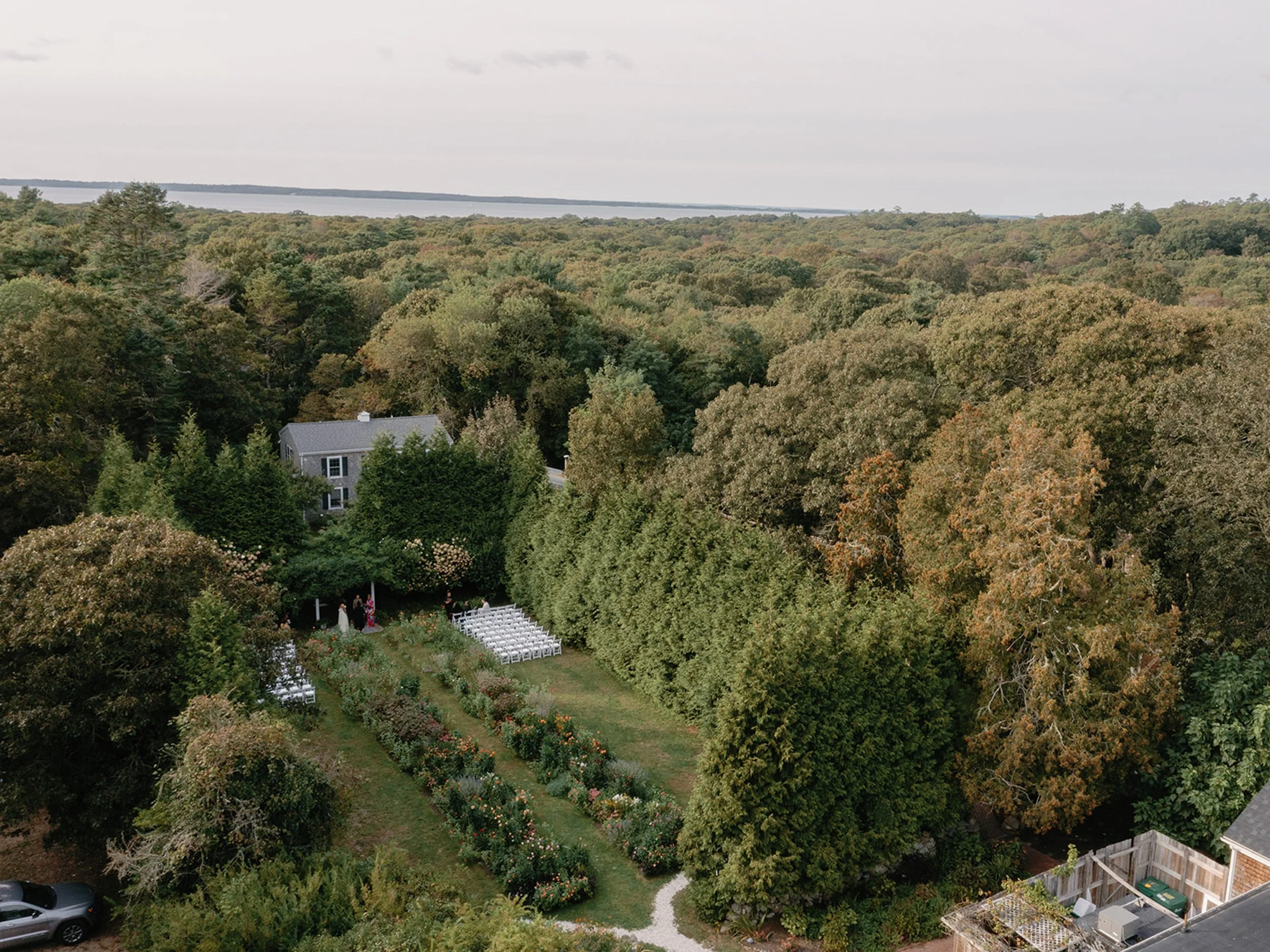 A backyard garden with rows of flowering plants and a small group of people, possibly attending a wedding ceremony, near a lake and dense trees in the distance.