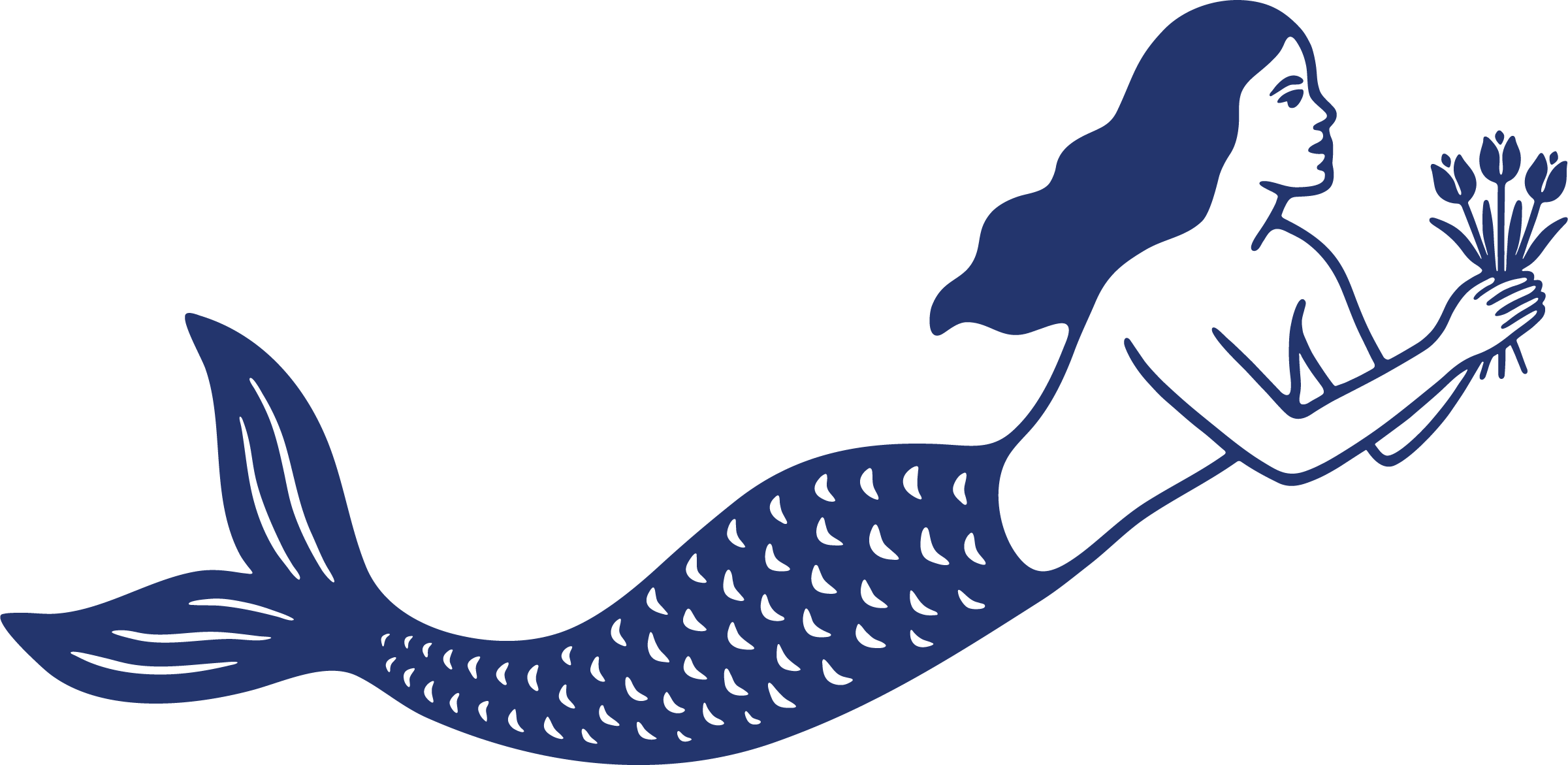 A stylized dark blue illustration of a mermaid holding a bouquet of flowers.
