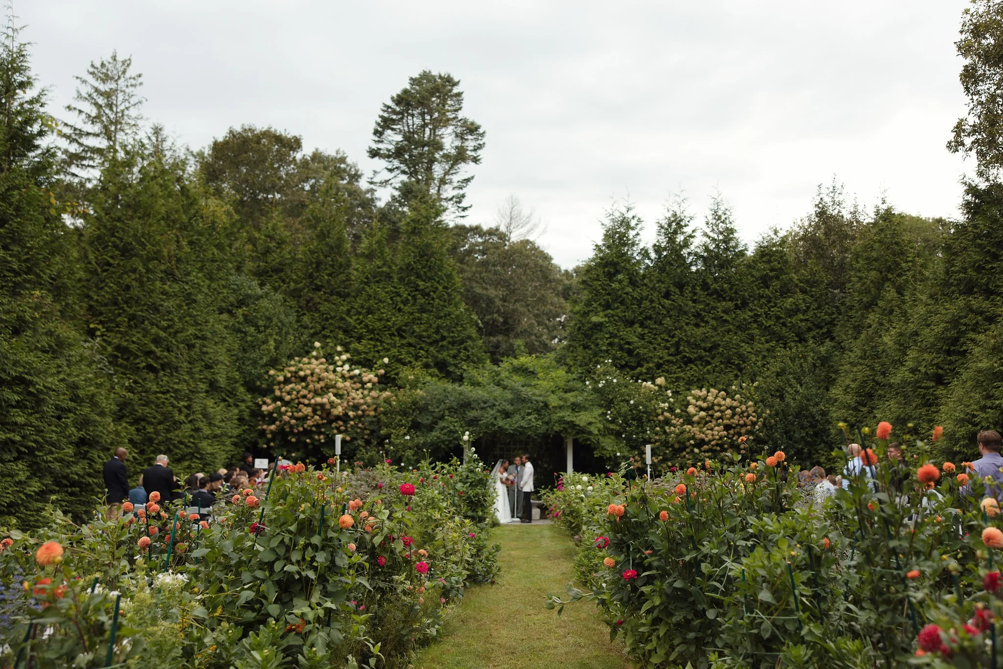 Outdoor wedding ceremony in the English garden at Lambert's Cove Inn on Martha's Vineyard with large trees and blooming flowers with guests and the couple in the background.