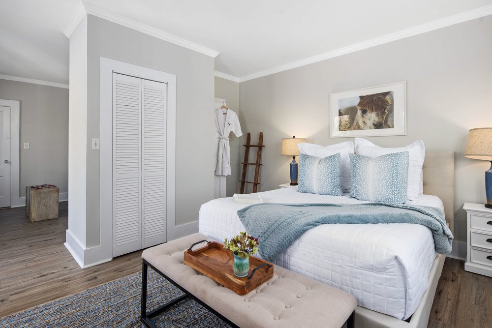 A bedroom with a bed, nightstands with lamps, a bench with a tray and flowers, and framed animal art on the wall.