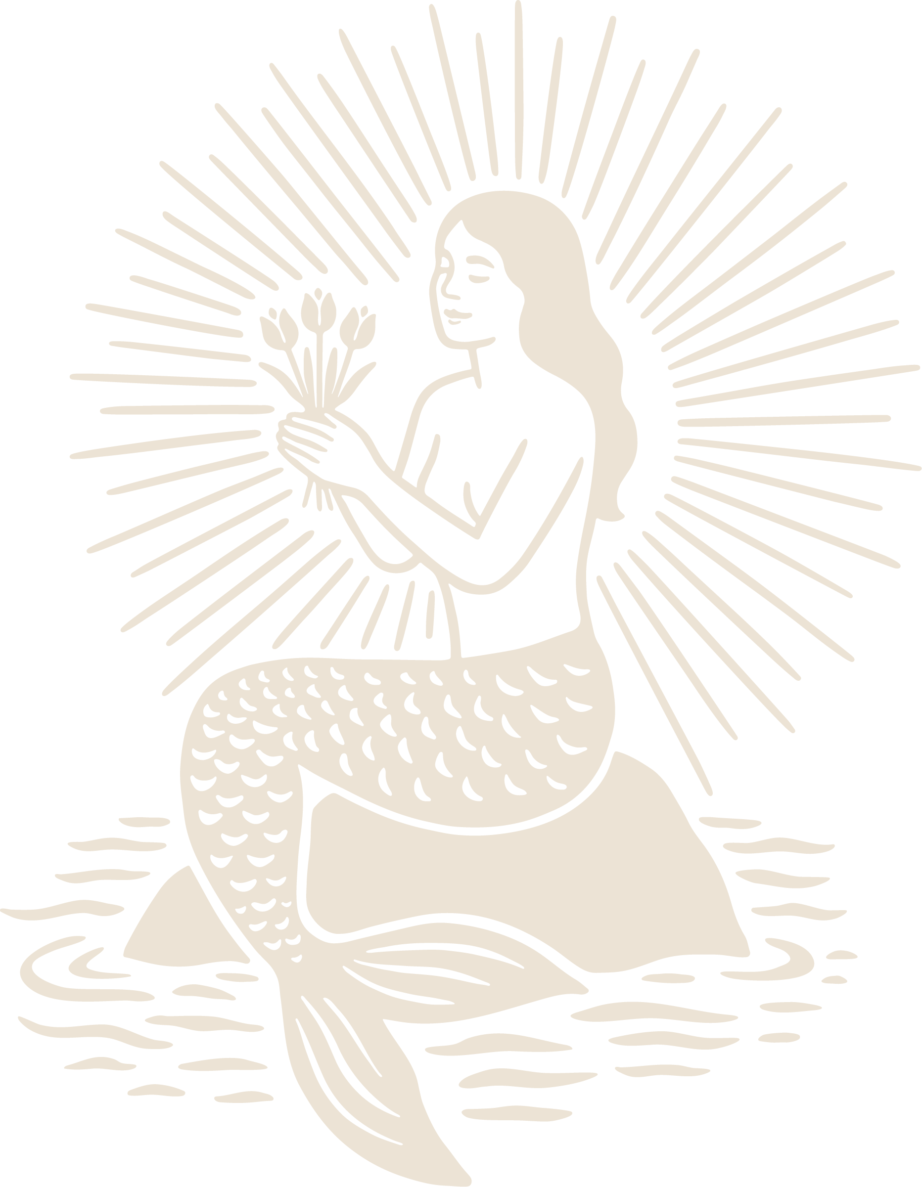 Illustration of a mermaid with a human upper body and fish tail, holding a bouquet of flowers, sitting on water with waves, surrounded by radiant lines.