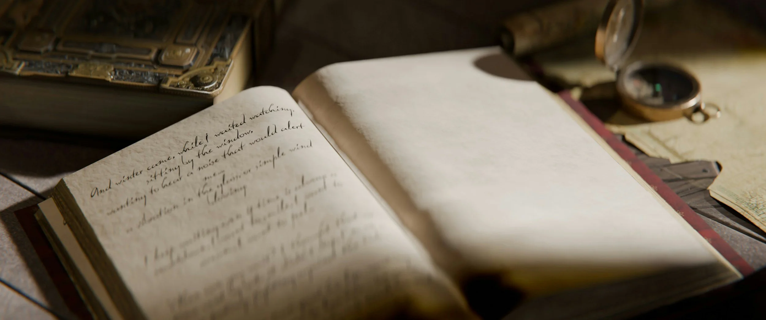 Open handwritten journal on a wooden surface, with various old maps, a pocket watch, and a decorative box nearby.