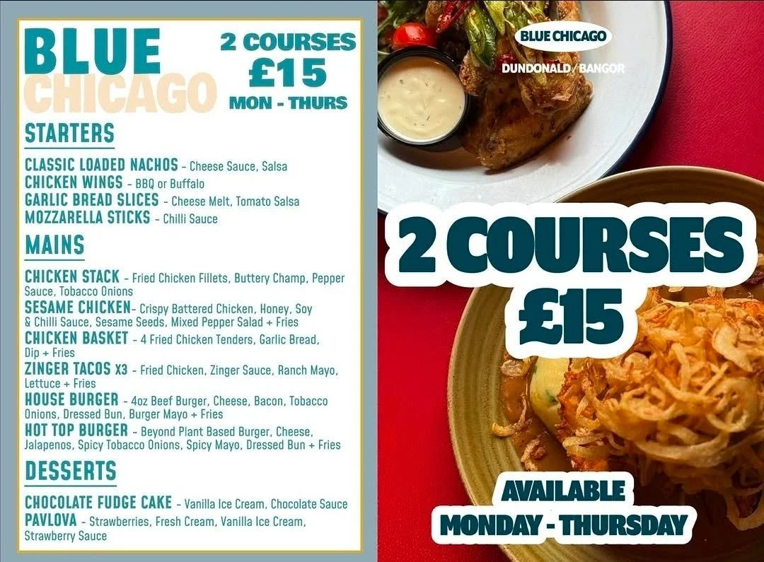 💰 2 COURSES FOR &pound;15!! 💰

AVAILABLE EVERY MONDAY TO THURSDAY FROM 12PM!

OUR BEST DEAL YET SO DON'T MISS IT 🙌

#bluechicago Dundonald 
#bluechicago Bangor 
#sugarrays Dundonald 
#sugarrays Boucher Road