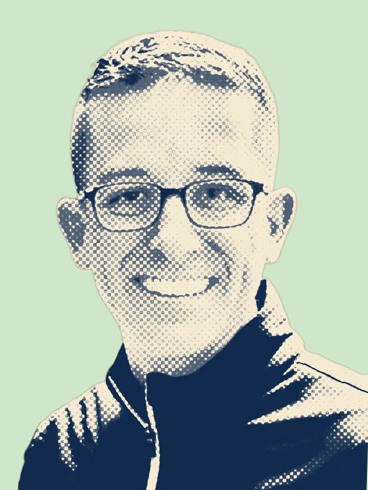 Stylized cartoon portrait of a young man with glasses, short hair, smiling, wearing a dark jacket, with a light green background.