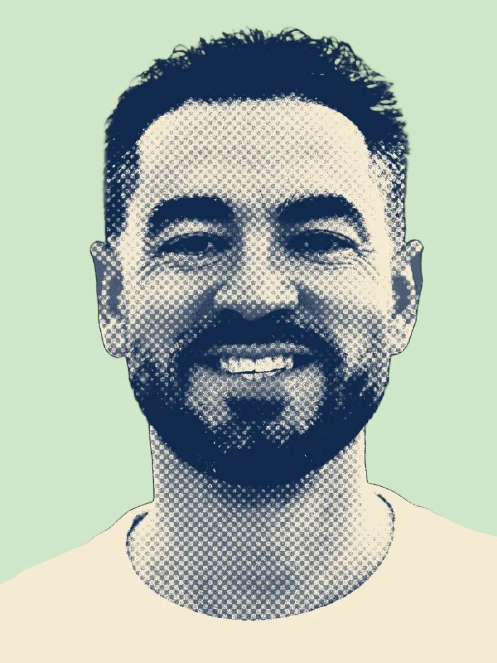 A stylized digital portrait of a smiling man with dark hair and a beard, set against a light green background.