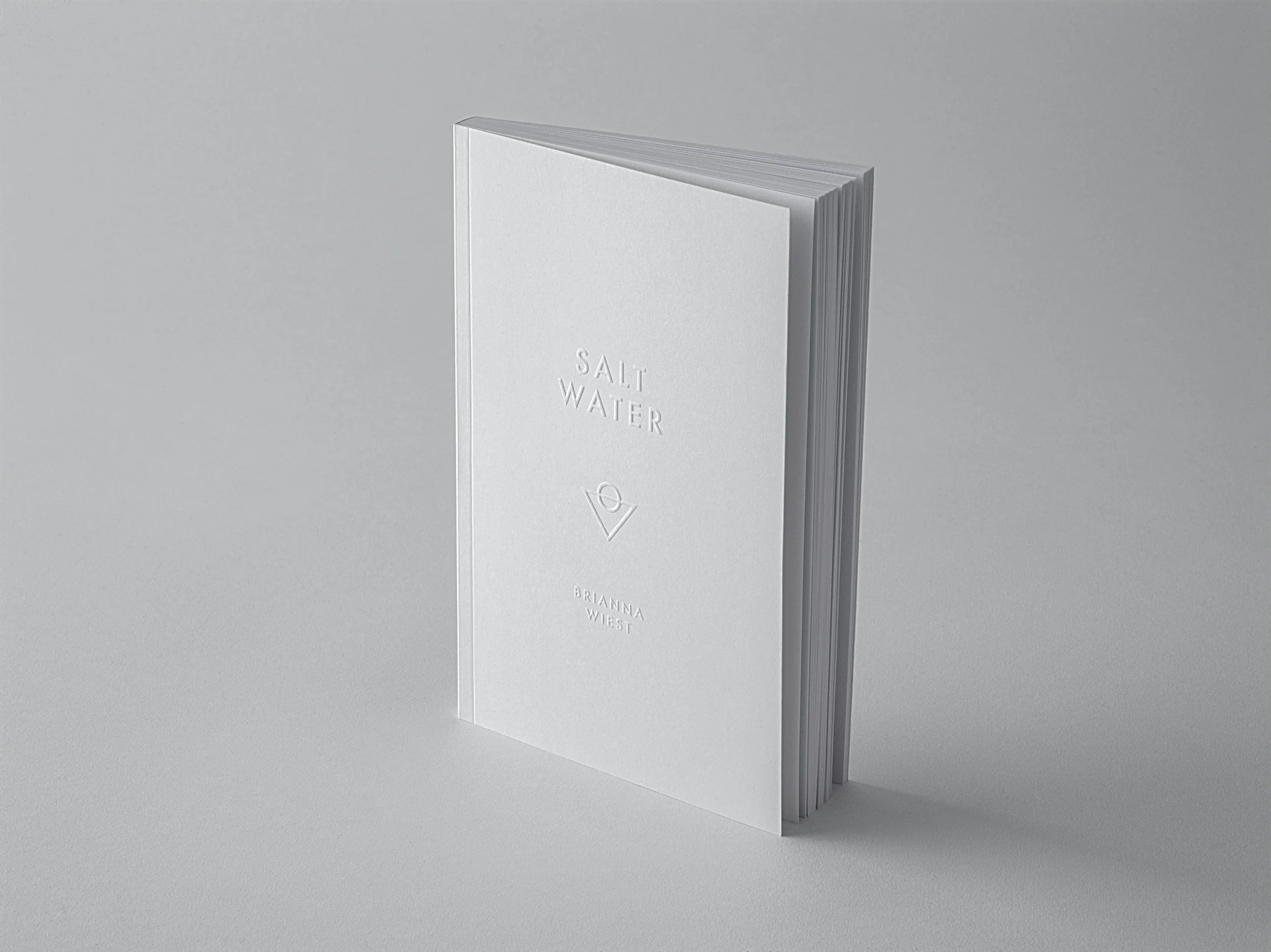 A white book with the words "Salt Water" embossed on the cover, standing upright on a plain gray background.