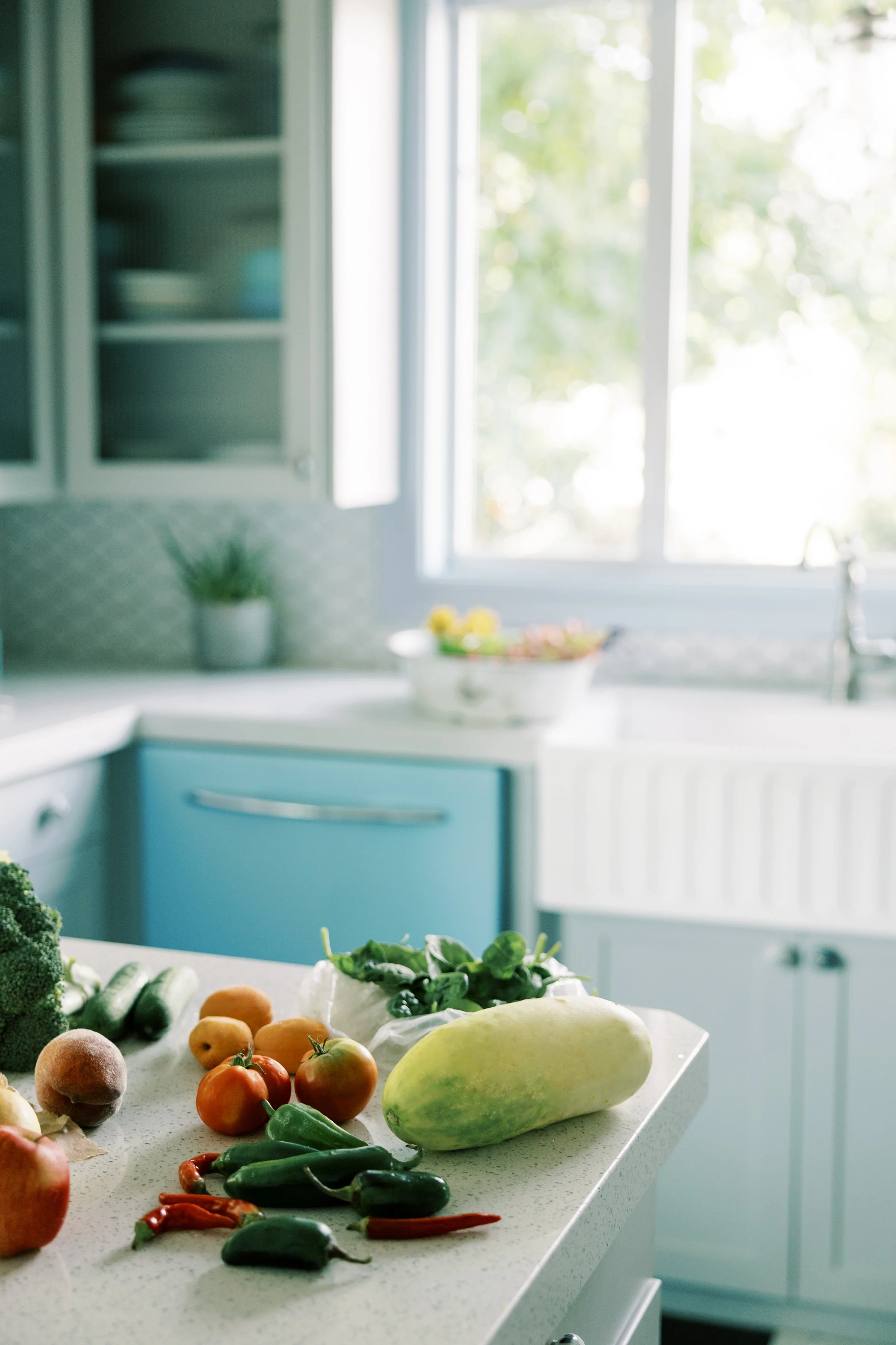 A kitchen countertop with fresh vegetables, including tomatoes, jalapeños, and a melon, with a background window showing blurred greenery outside.