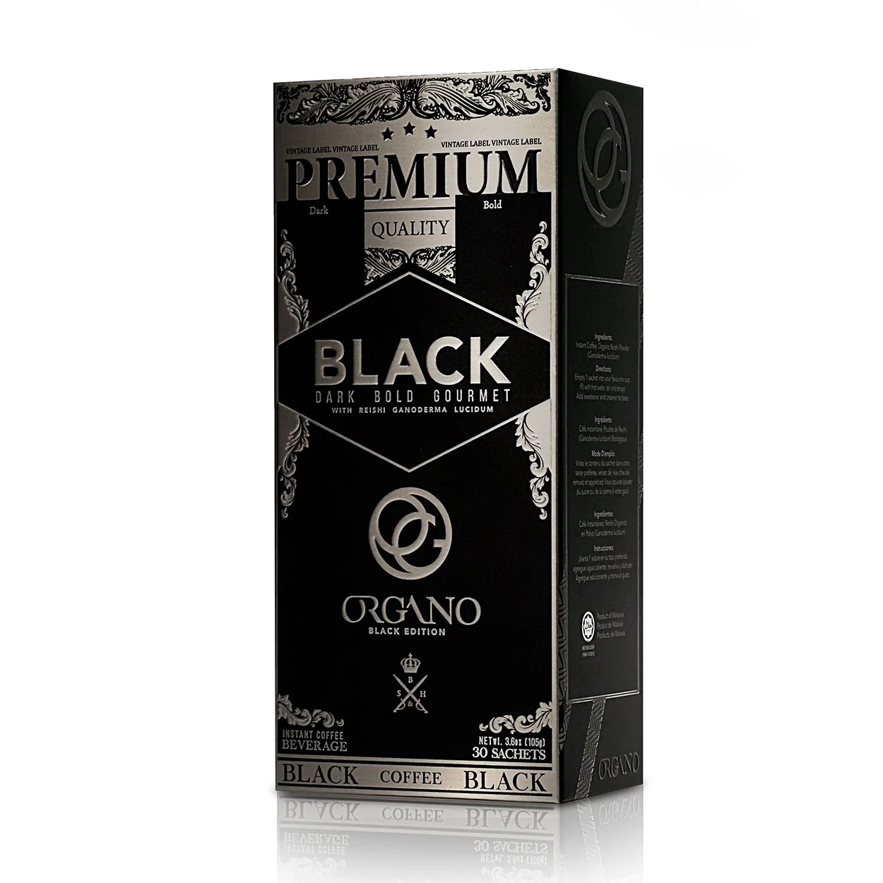 Black and silver box of Organo Black Edition instant coffee with ornate design and branding.