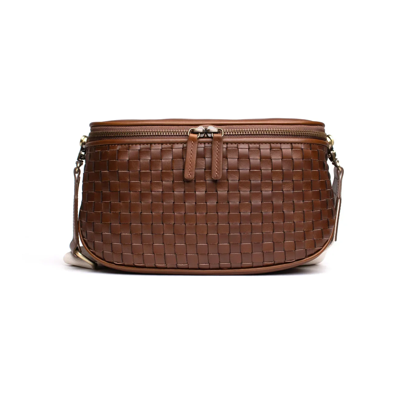 A brown woven leather handbag with a zipper closure and side attachments on a white background.