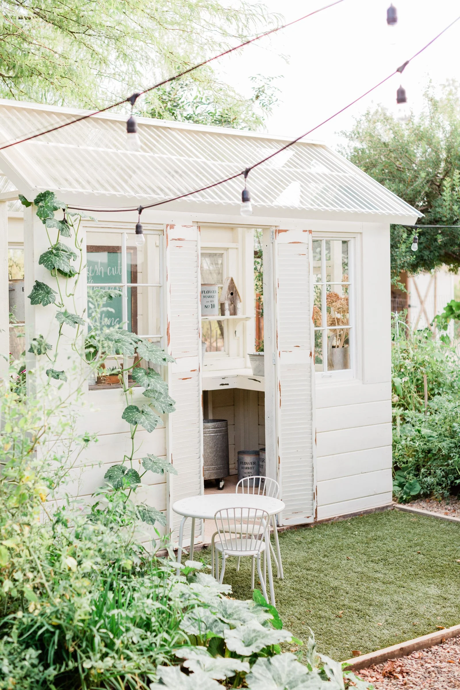 A small white garden shed with open shutters, surrounded by greenery, with a string of outdoor lights overhead and a small white table with two chairs outside on grass.