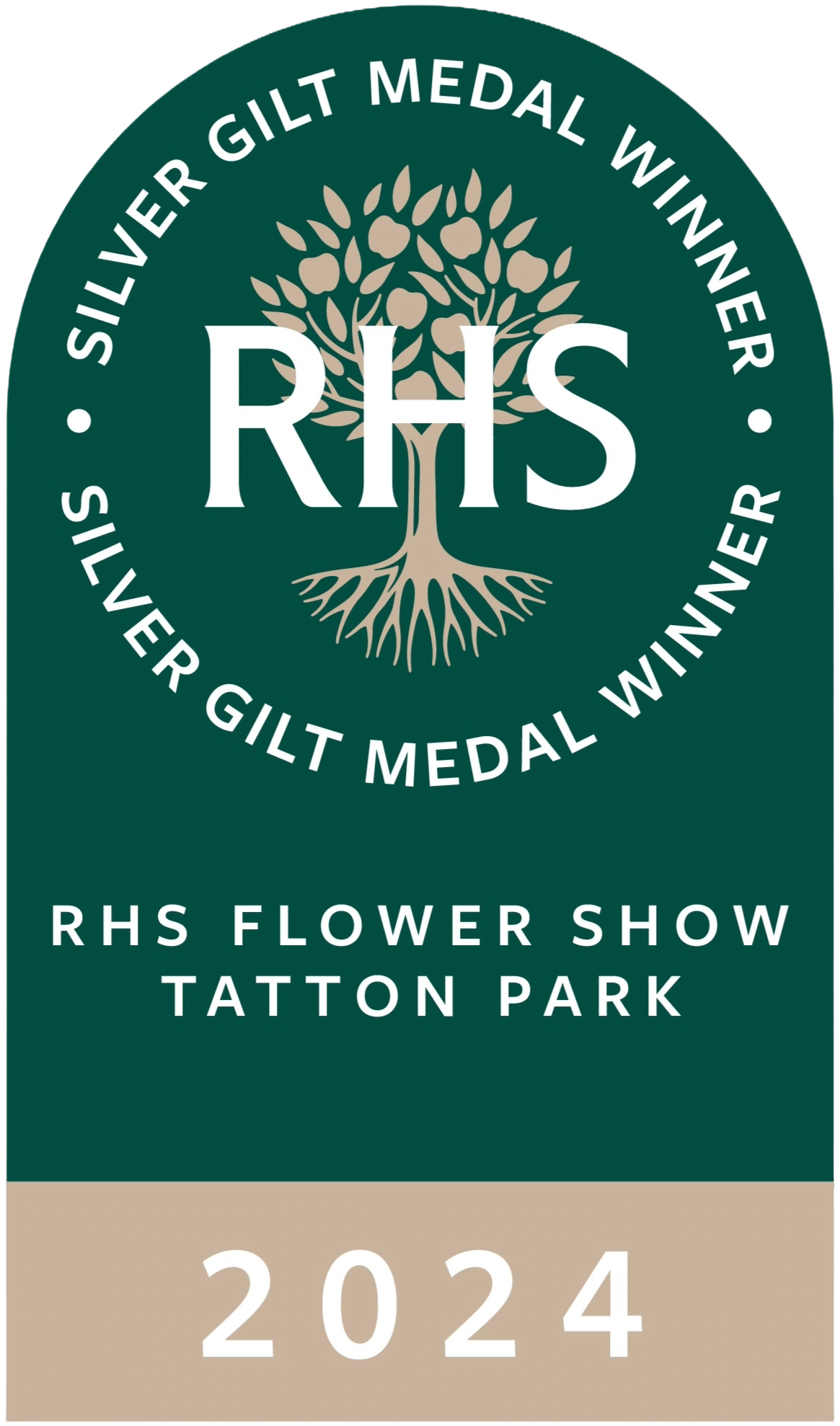 A green vertical banner with beige accents promoting the RHS Flower Show at Tatton Park in 2024. It features a central logo of a stylized tree with the initials RHS, and loops of text around the top that read 'Silver Gilt Medal Winner' multiple times.