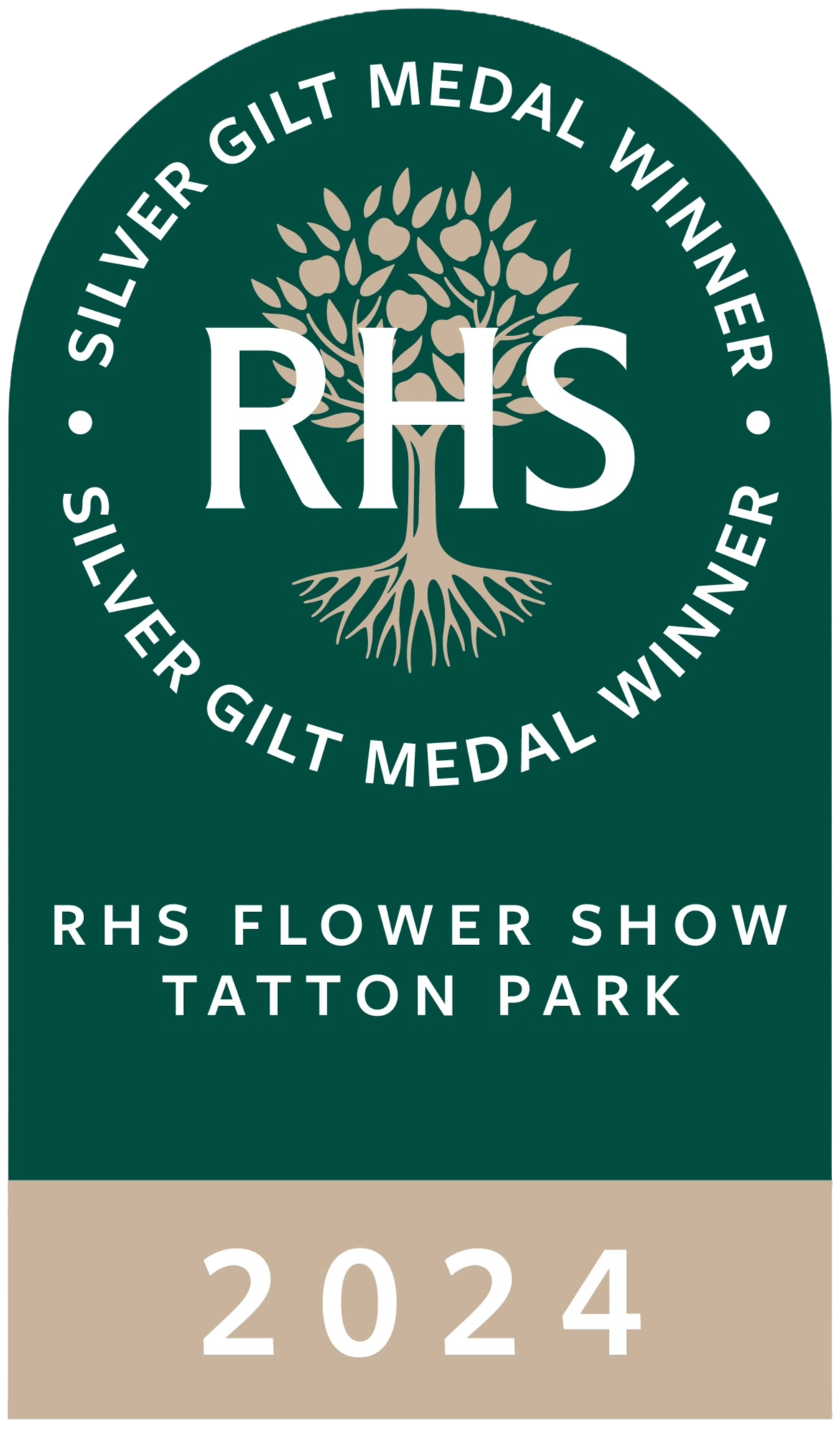 Green and silver sign announcing RHS Flower Show in Tatton Park, with a silver-gilt medal winner logo and the year 2024.