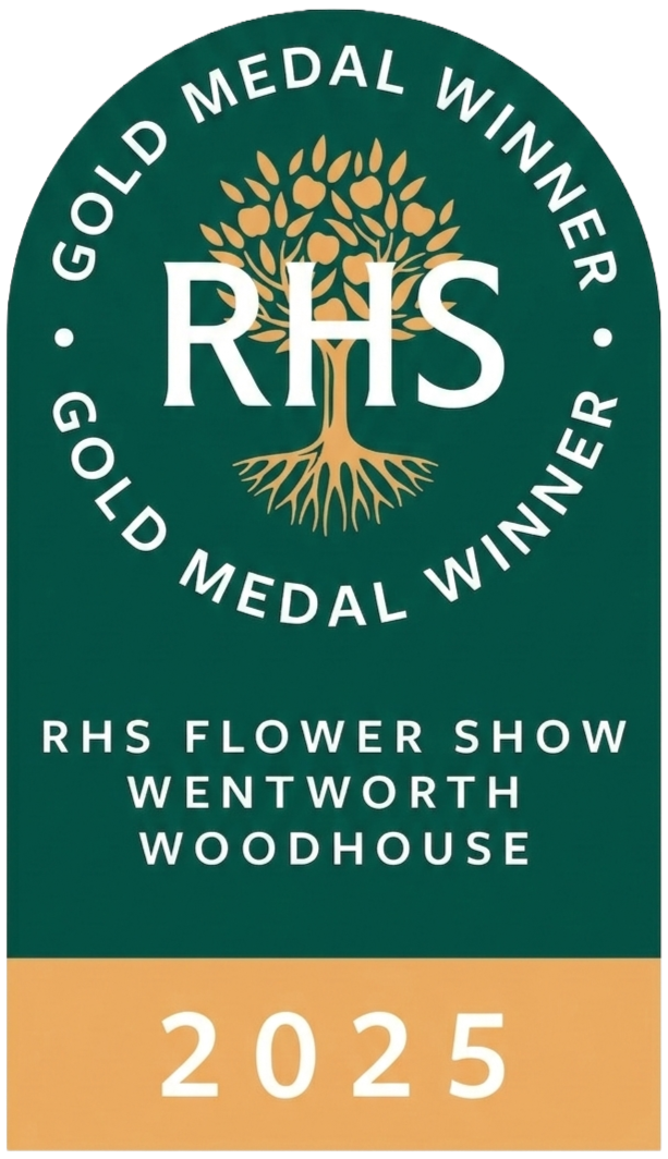 Green and gold sign announcing RHS Flower Show in Wentworth Woodhouse, with a gold medal winner logo and the year 2025.