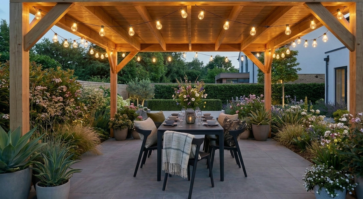 Outdoor patio under a wooden pergola with string lights, featuring a dining table with chairs, surrounded by potted plants and flowers at dusk or evening.