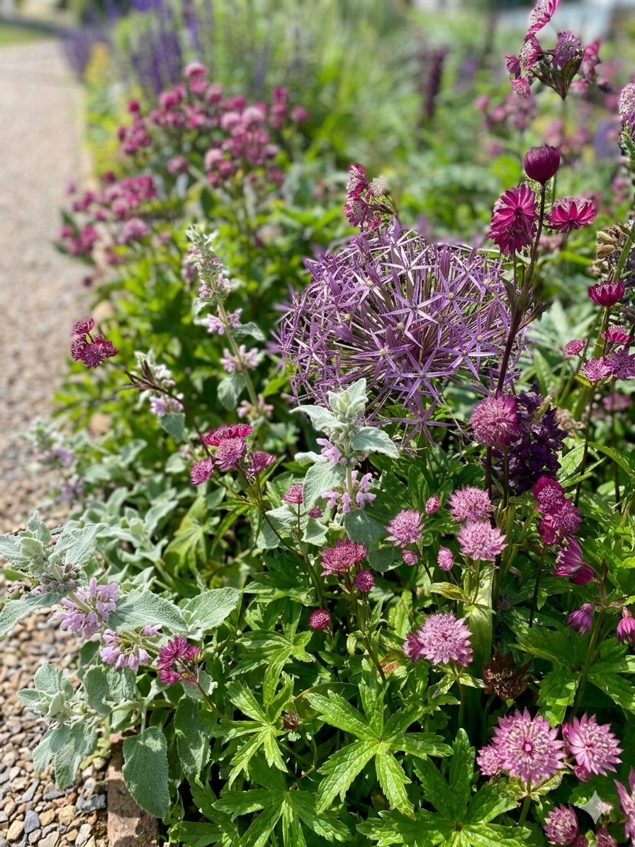 Close-up of various purple and pink flowers with green foliage along a garden path.