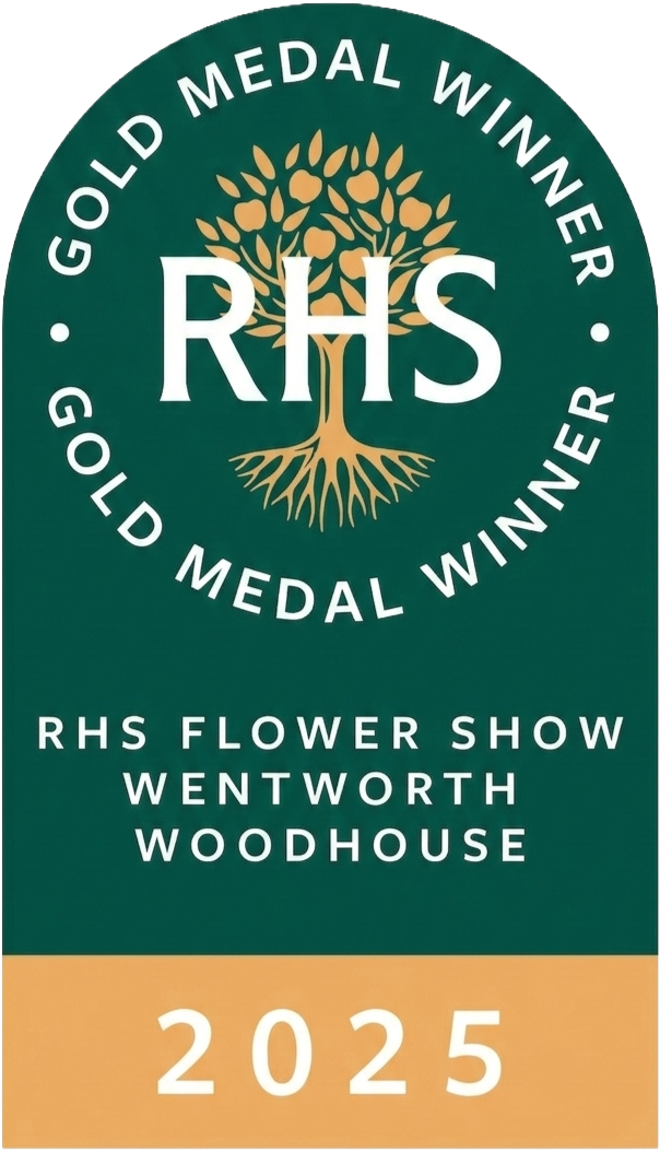 Green badge with gold tree logo, white text reading 'GOLD MEDAL WINNER RHS FLOWER SHOW WENTWORTH WOODHOUSE 2025'.