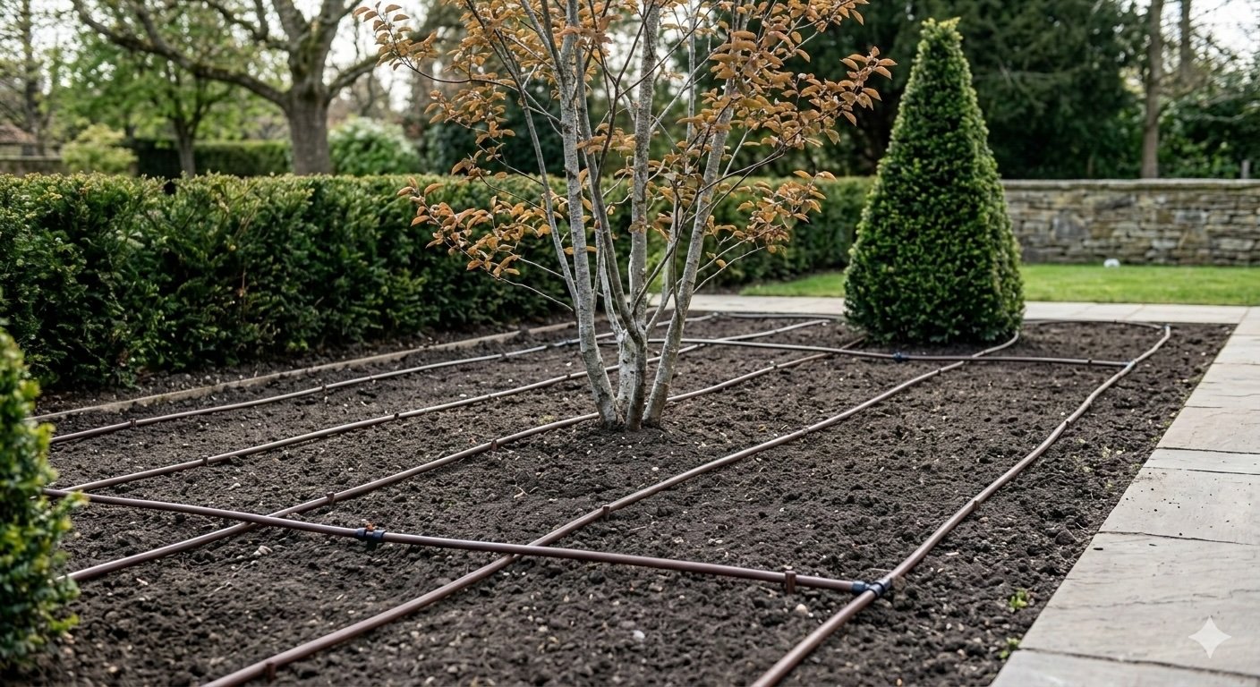 A garden bed with a young tree planted in the center, surrounded by soil and bordered by a drip irrigation system, with neatly trimmed bushes and trees in the background.