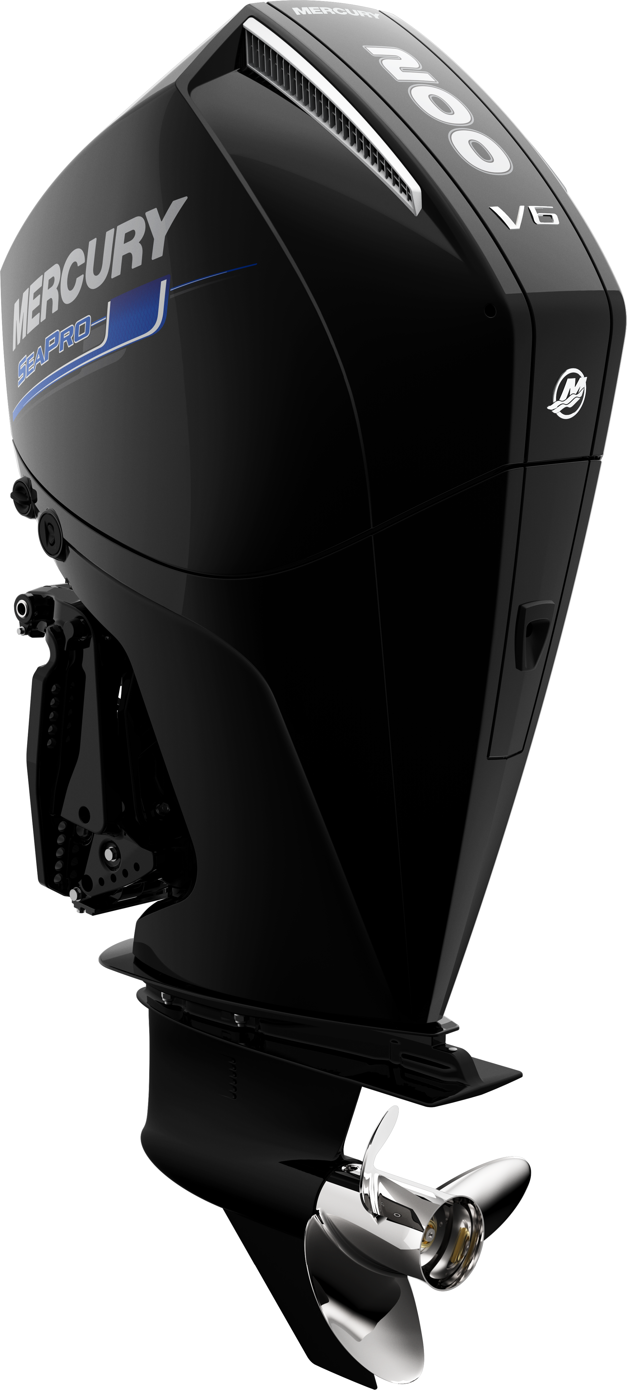 A black Mercury outboard motor with blue and white branding, labeled SEAPRO, V6, and 200 horsepower.