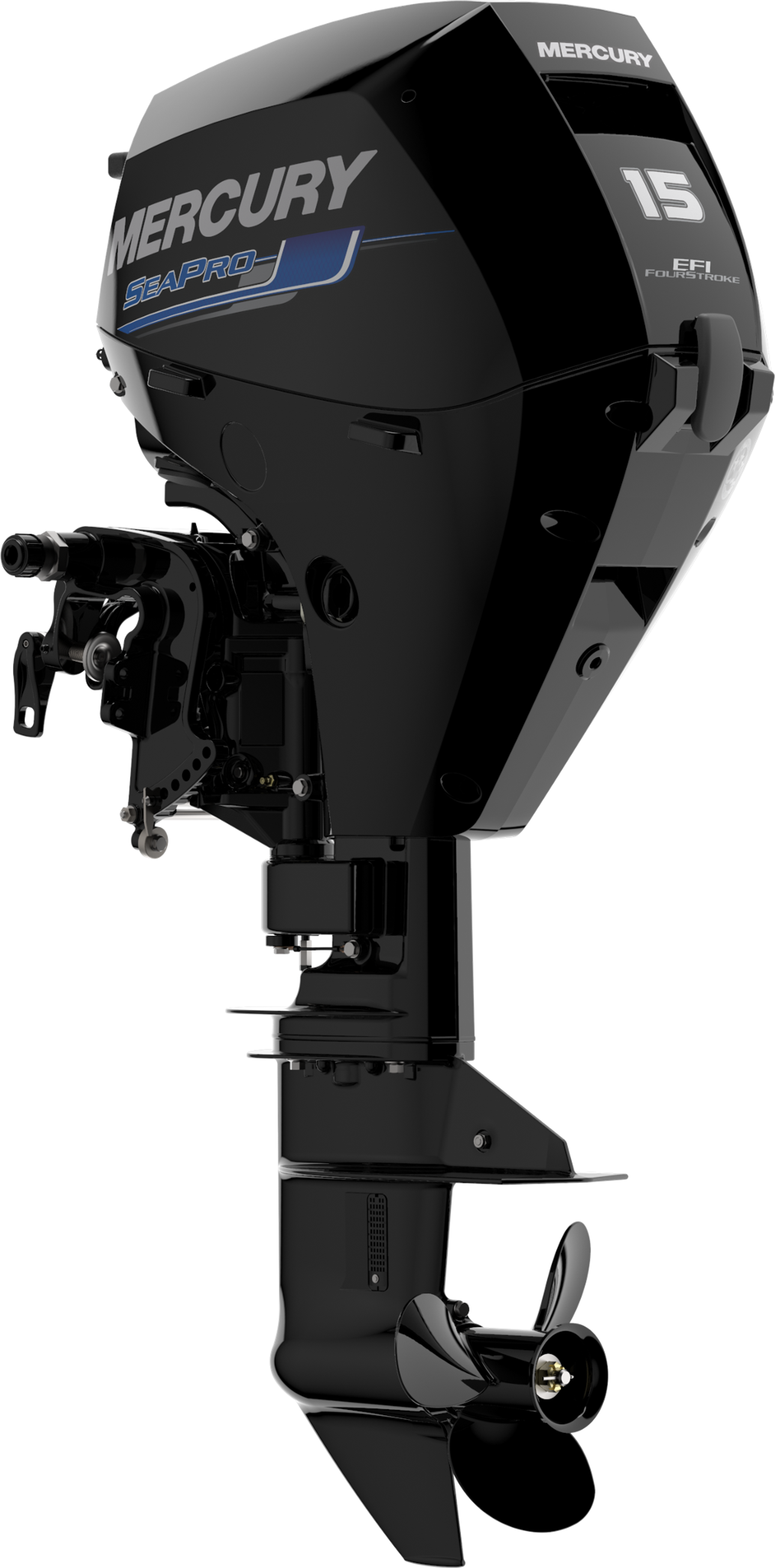 Mercury SeaPro outboard motor with black casing, blue and white branding, and the number 15 on the top.