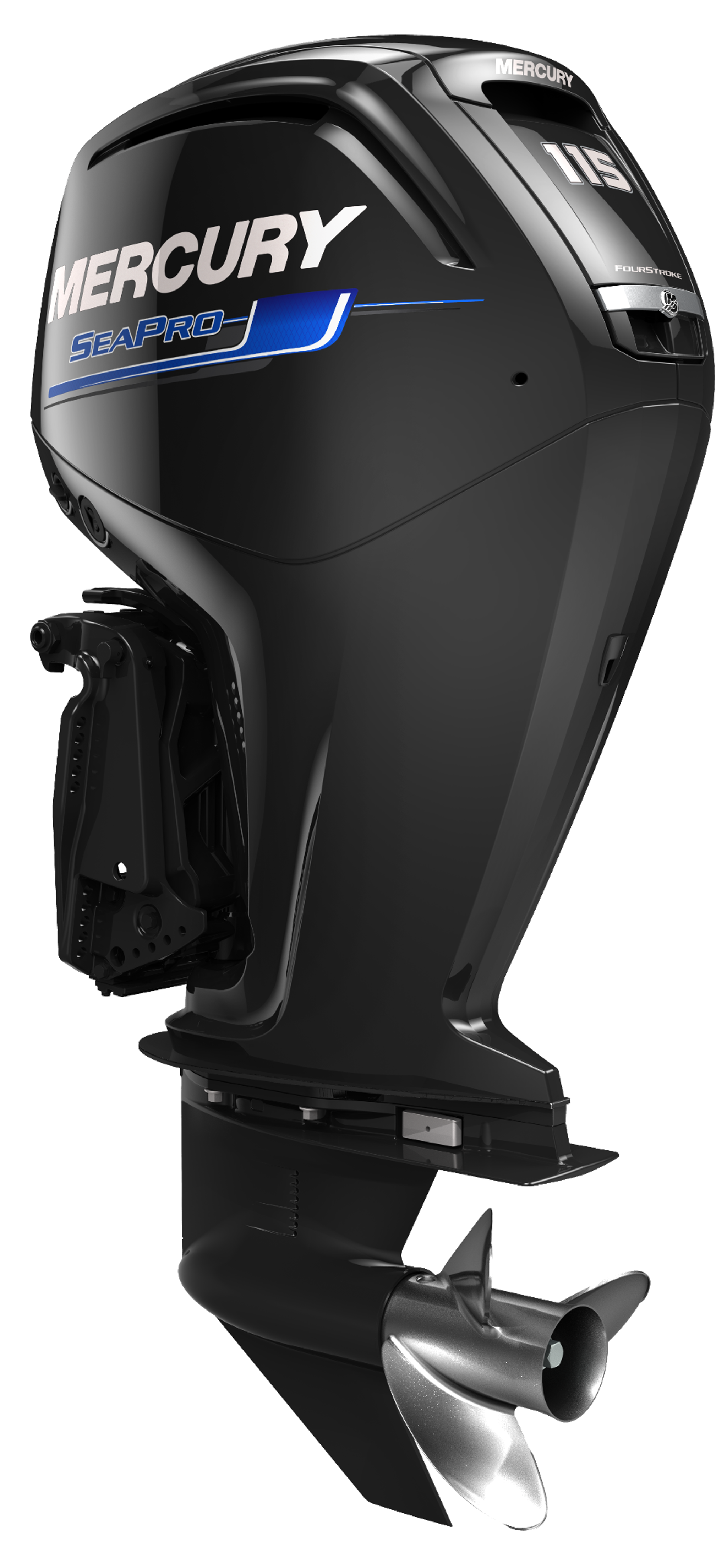 Black Mercury SeaPro outboard motor with branding and specifications, featuring a propeller at the bottom.