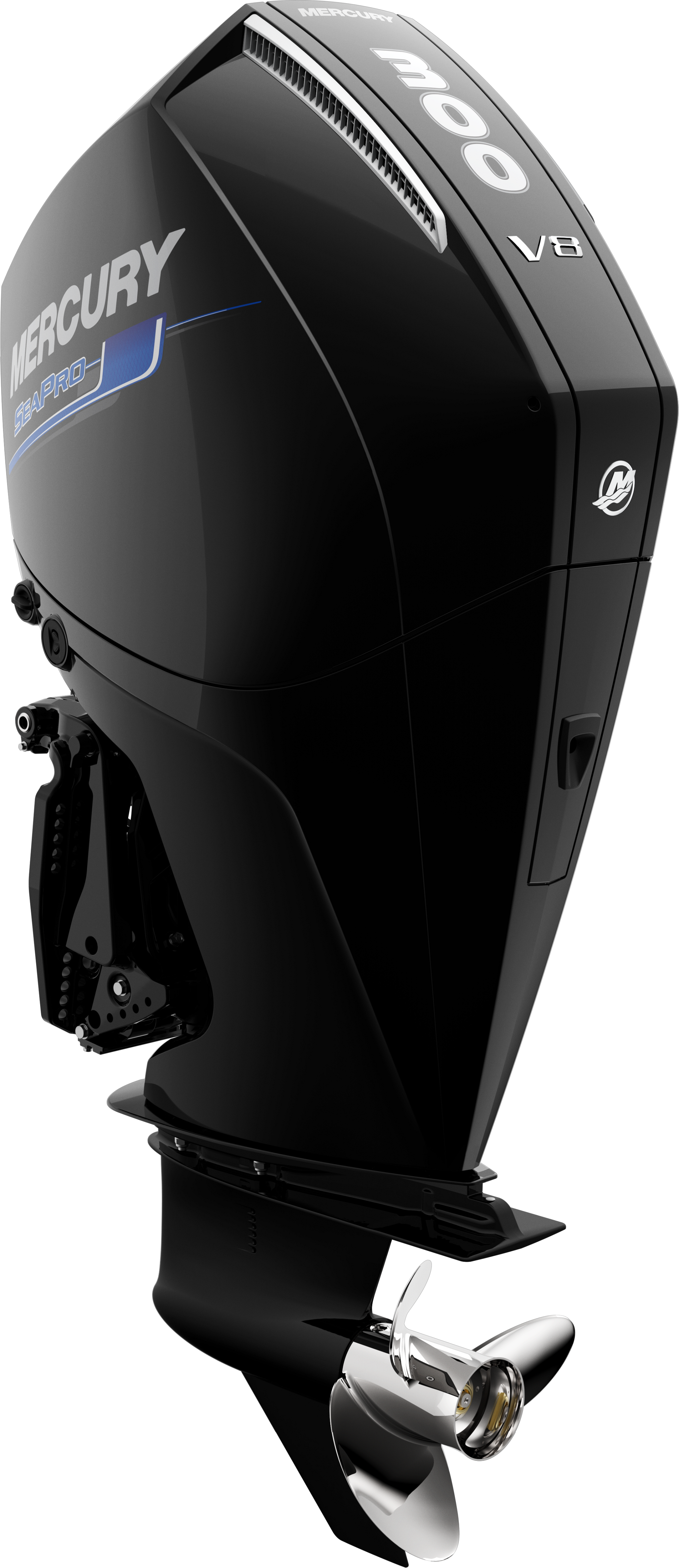 Mercury Verado V8 outboard motor in black with silver and blue accents.