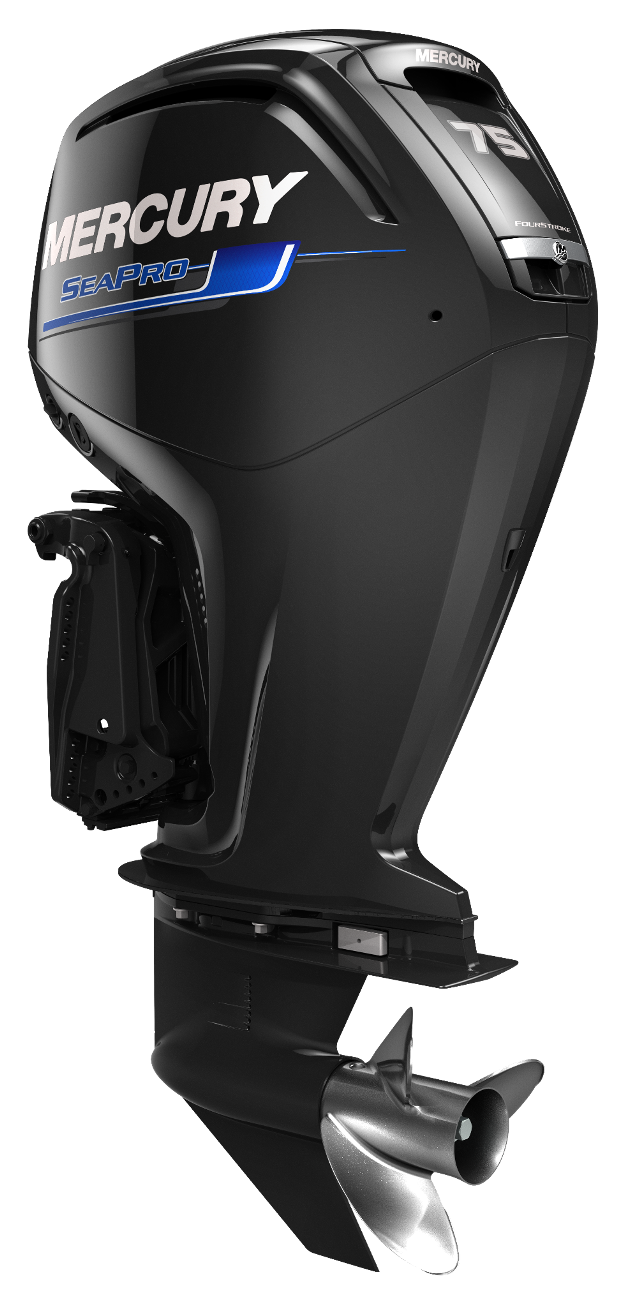 Mercury SeaPro 75 outboard motor with black casing and blue logo, featuring a silver propeller.