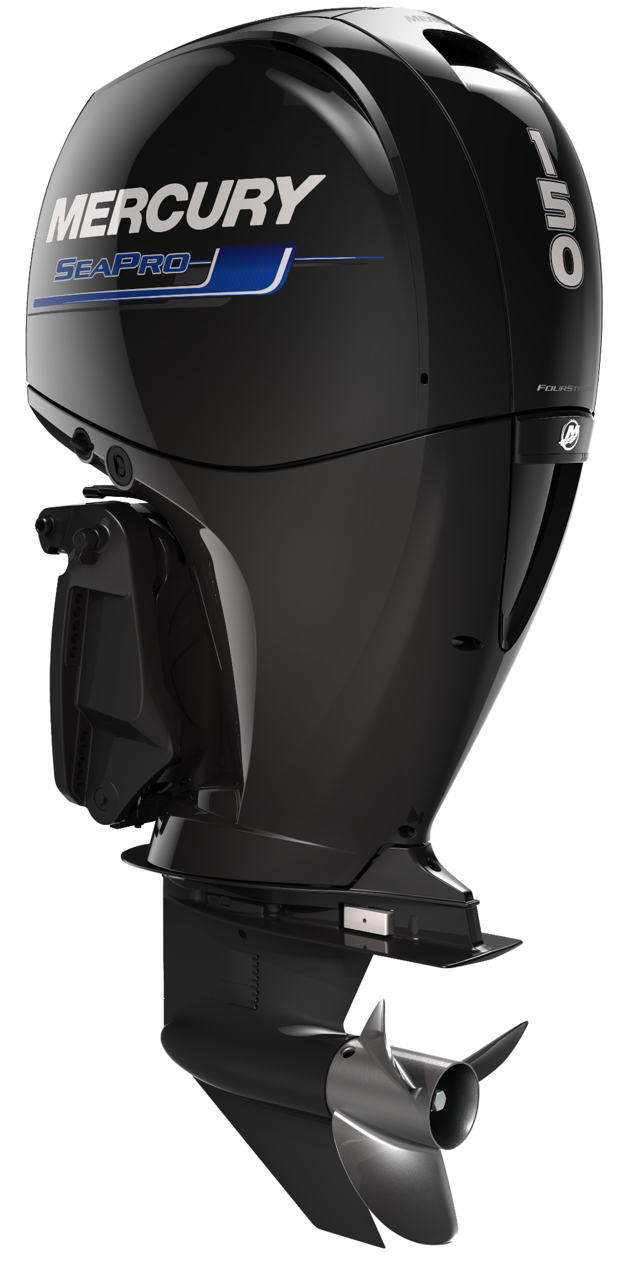 A black Mercury SeaPro outboard boat motor with silver and blue lettering, showing the brand and specifications.