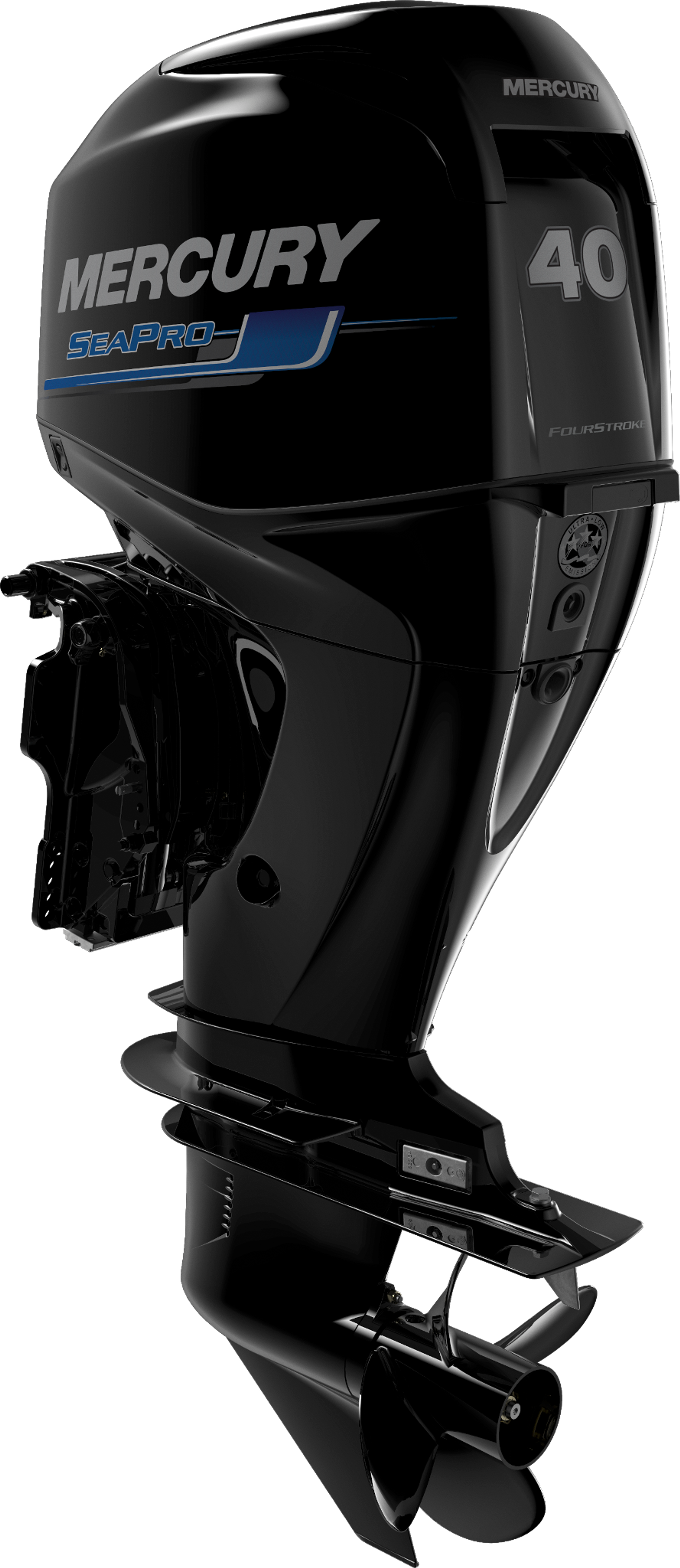 A black Mercury SeaPro outboard motor with silver and blue branding.